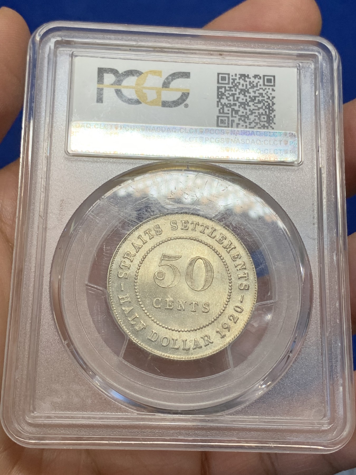 《竞宝斋》第219场-周日，周一 2场 (全场包邮) PCGS MS63 英属海峡1920年乔治五世50分银币 盒子表面有小裂纹 细节见图