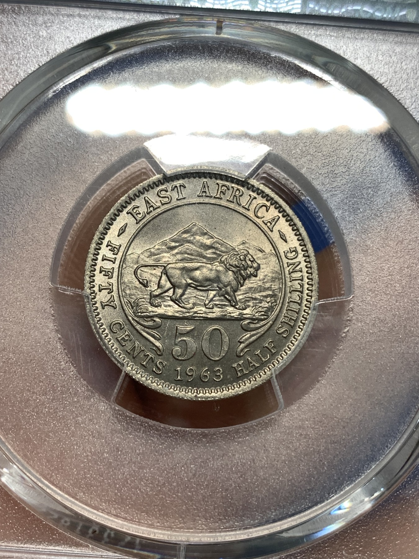 《竞宝斋》第219场-周日，周一 2场 (全场包邮) PCGS金盾 MS65 英属东非非洲狮1963年50分镍币