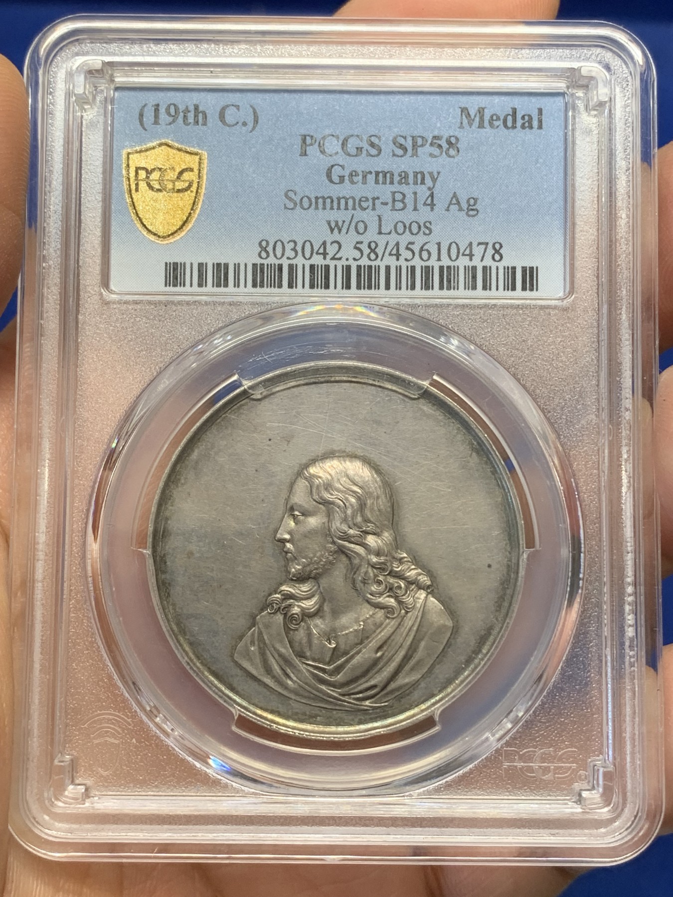 《竞宝斋》第219场-周日，周一 2场 (全场包邮) PCGS SP58 德国loos银章 宗教银章 耶稣 约旦河洗礼 少见品种