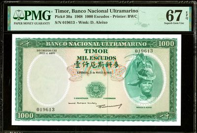 【Blue Auction】✨世界纸币精拍第398期【精】 -  【冠军分高分稀见】东帝汶 1968年1000埃斯库多 最高值 PMG67EPQ 带中文字