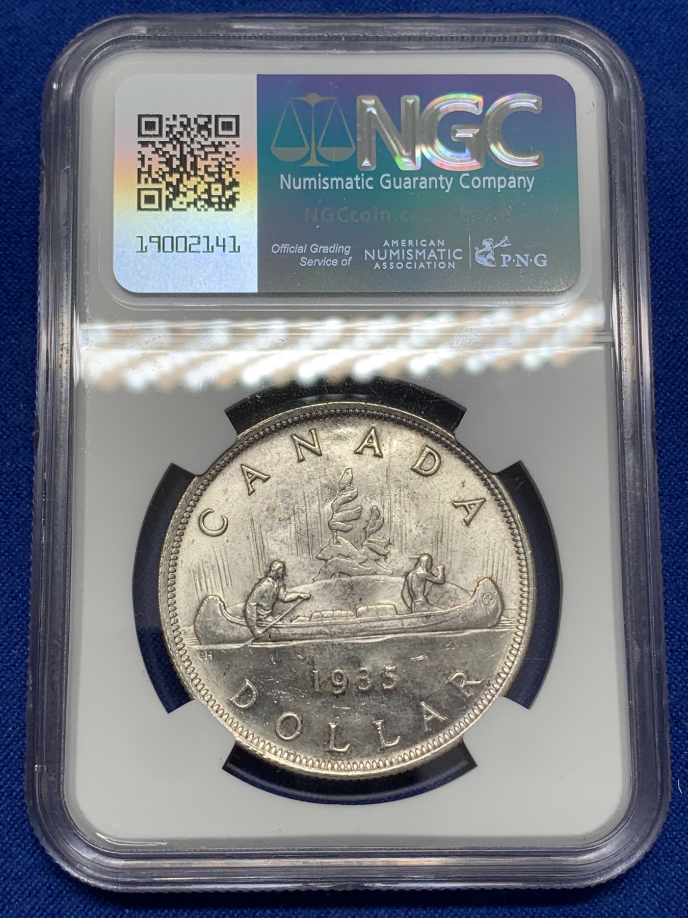《竞宝斋》第219场-周日，周一 2场 (全场包邮) NGC-MS62 英属加拿大 1935年 乔治五世 划船 一元大银币 早期品种 好品难得