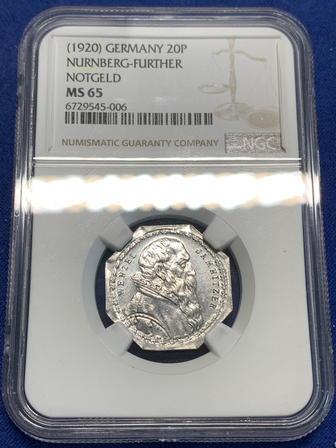 《竞宝斋》第219场-周日，周一 2场 (全场包邮) NGC-MS65 1920年德国紧急状态时期，纽伦堡20芬尼，人物系列