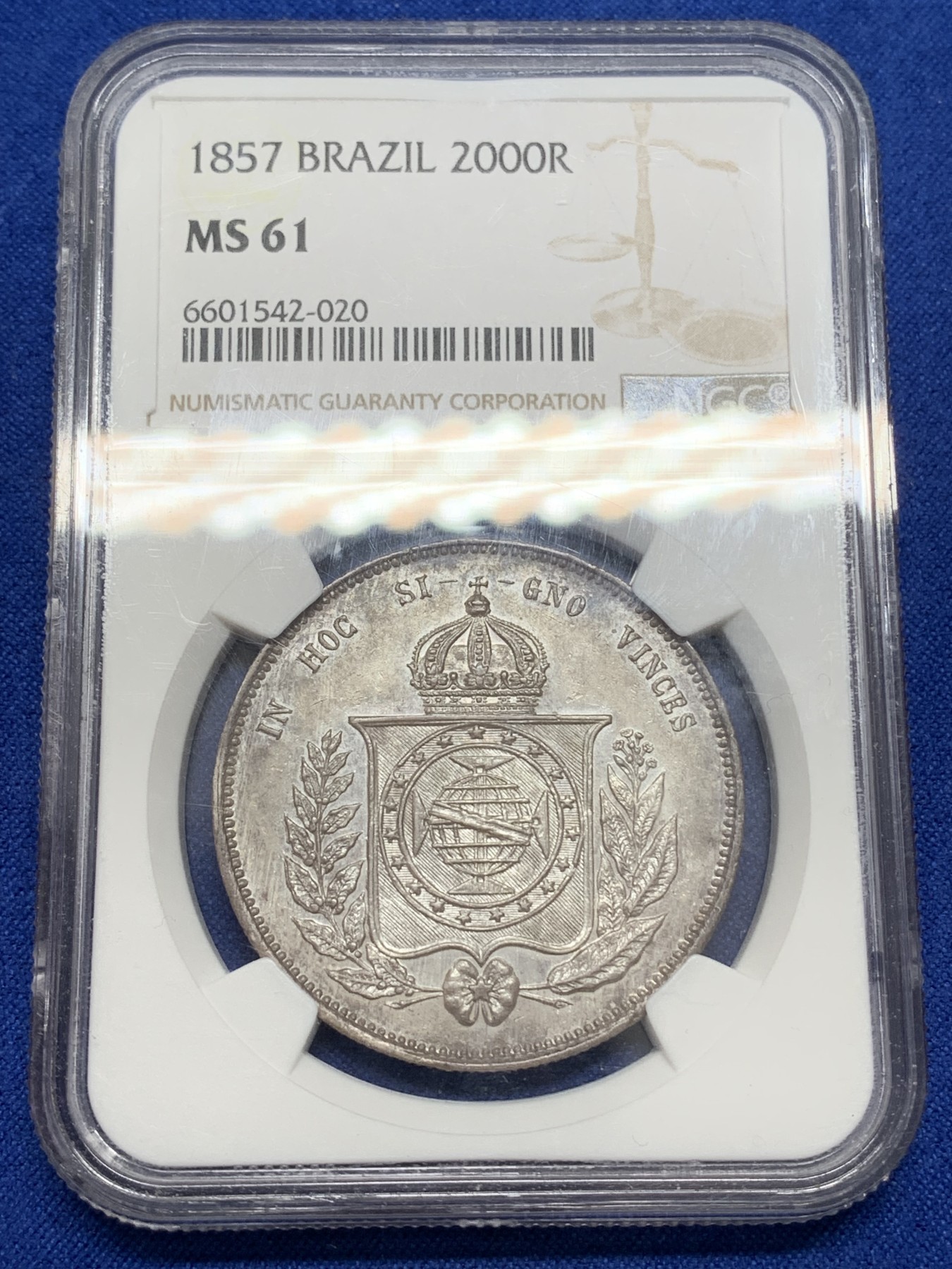 《竞宝斋》第219场-周日，周一 2场 (全场包邮) NGC-MS61 巴西 1857年 佩德罗二世 2000瑞斯 银币 紫罗兰彩