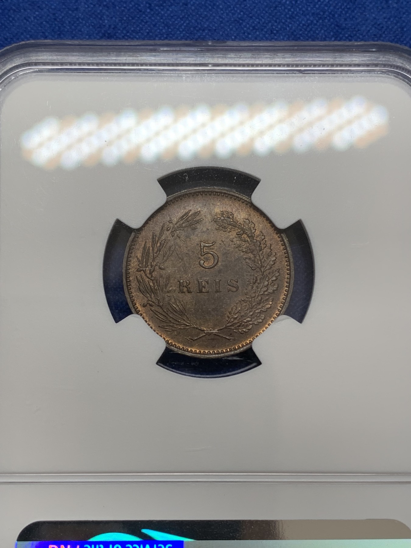 《竞宝斋》第219场-周日，周一 2场 (全场包邮) NGC MS63BN 葡萄牙1910年曼努埃尔二世国王头像5瑞斯铜币