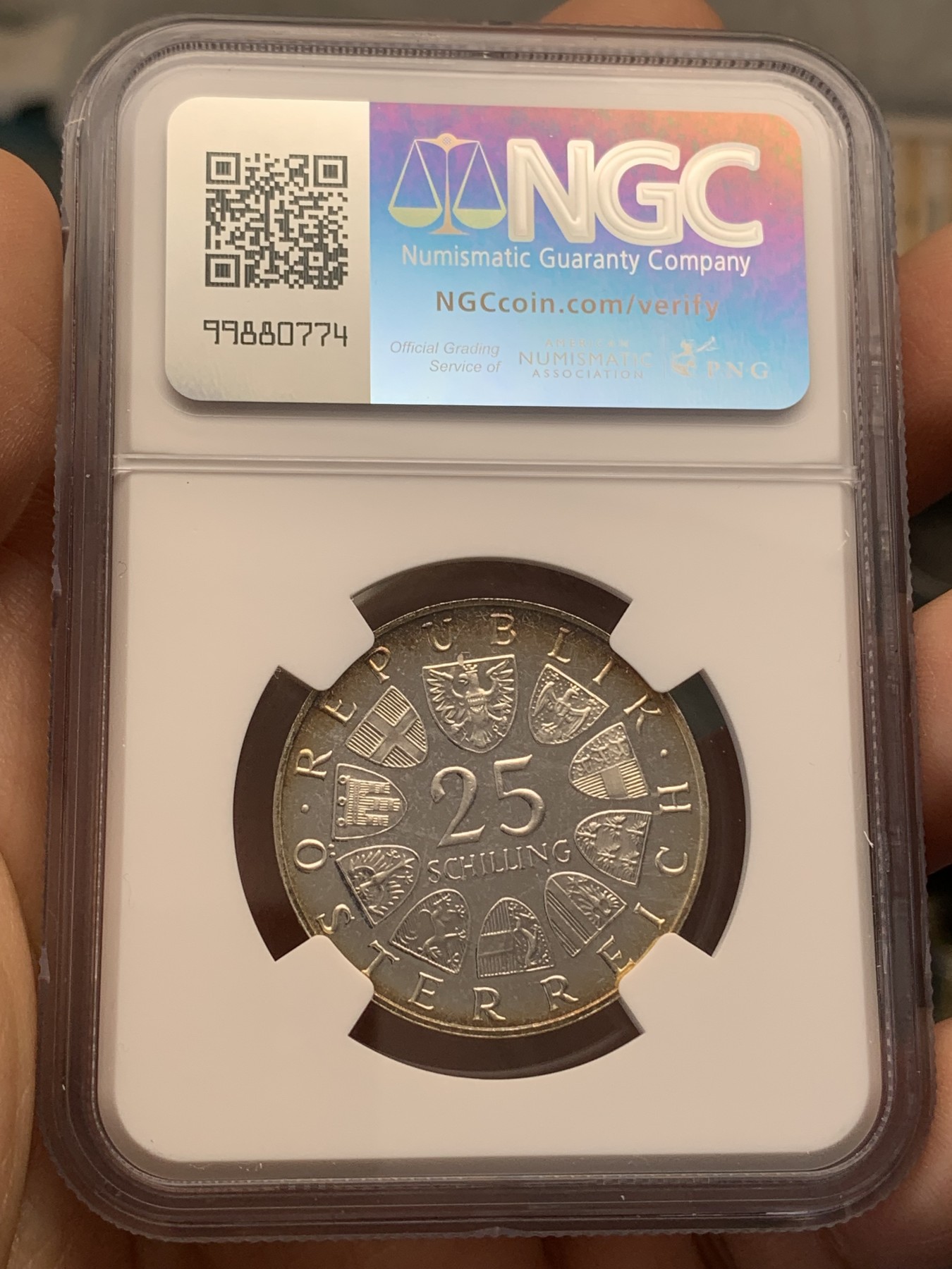 《竞宝斋》第219场-周日，周一 2场 (全场包邮) NGC-PF65 1964年奥地利25先令银币，少见精制版本,65分高分。