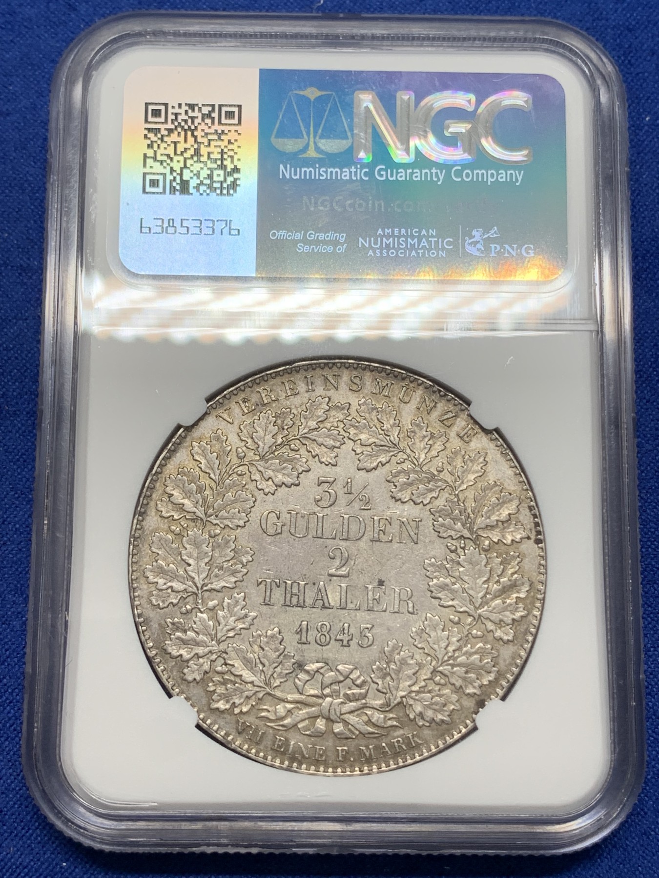 《竞宝斋》第219场-周日，周一 2场 (全场包邮) NGC-AUD 1843年 德国  法兰克福景观2泰勒大银币 非常火的景观系列 NGC严评