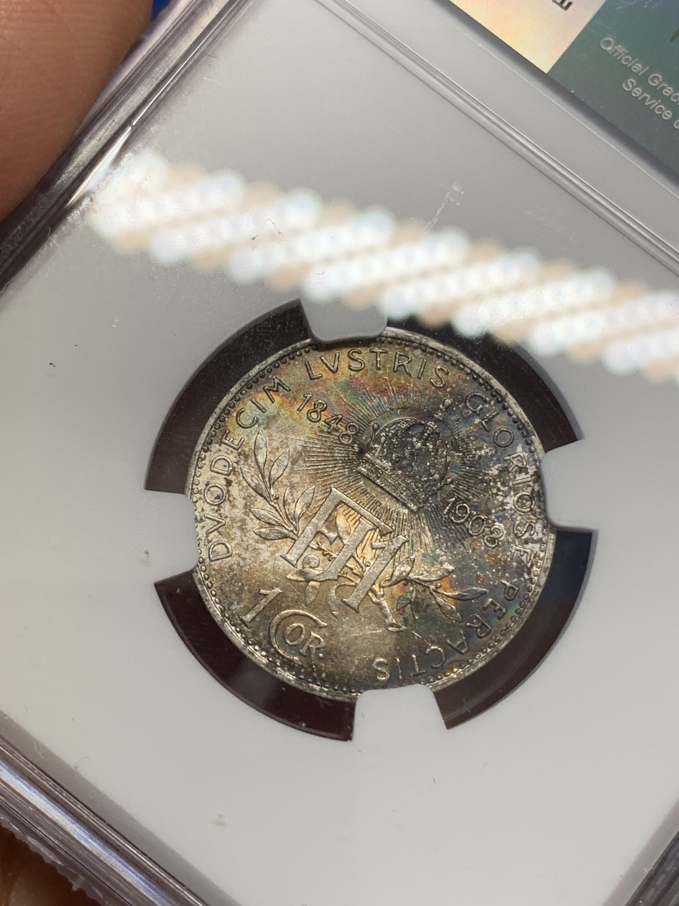 《竞宝斋》第219场-周日，周一 2场 (全场包邮) NGC-MS62 奥地利1908年1克朗，纪念弗朗茨约瑟夫皇帝登基60周年纪念币，双面五彩包浆