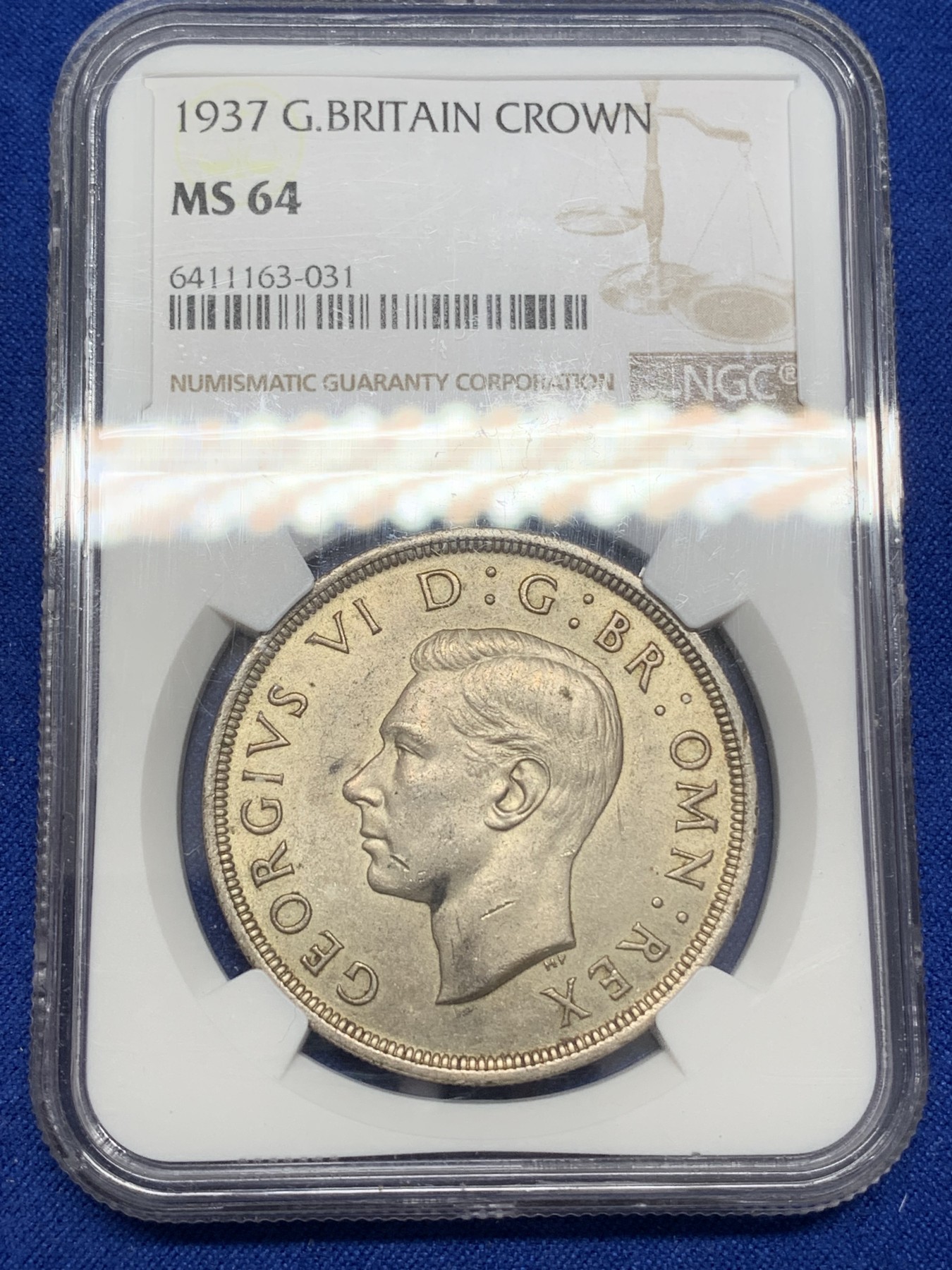 《竞宝斋》第219场-周日，周一 2场 (全场包邮) NGC-MS64 英国 1937年 乔治六世 1克朗 银币 黄油彩