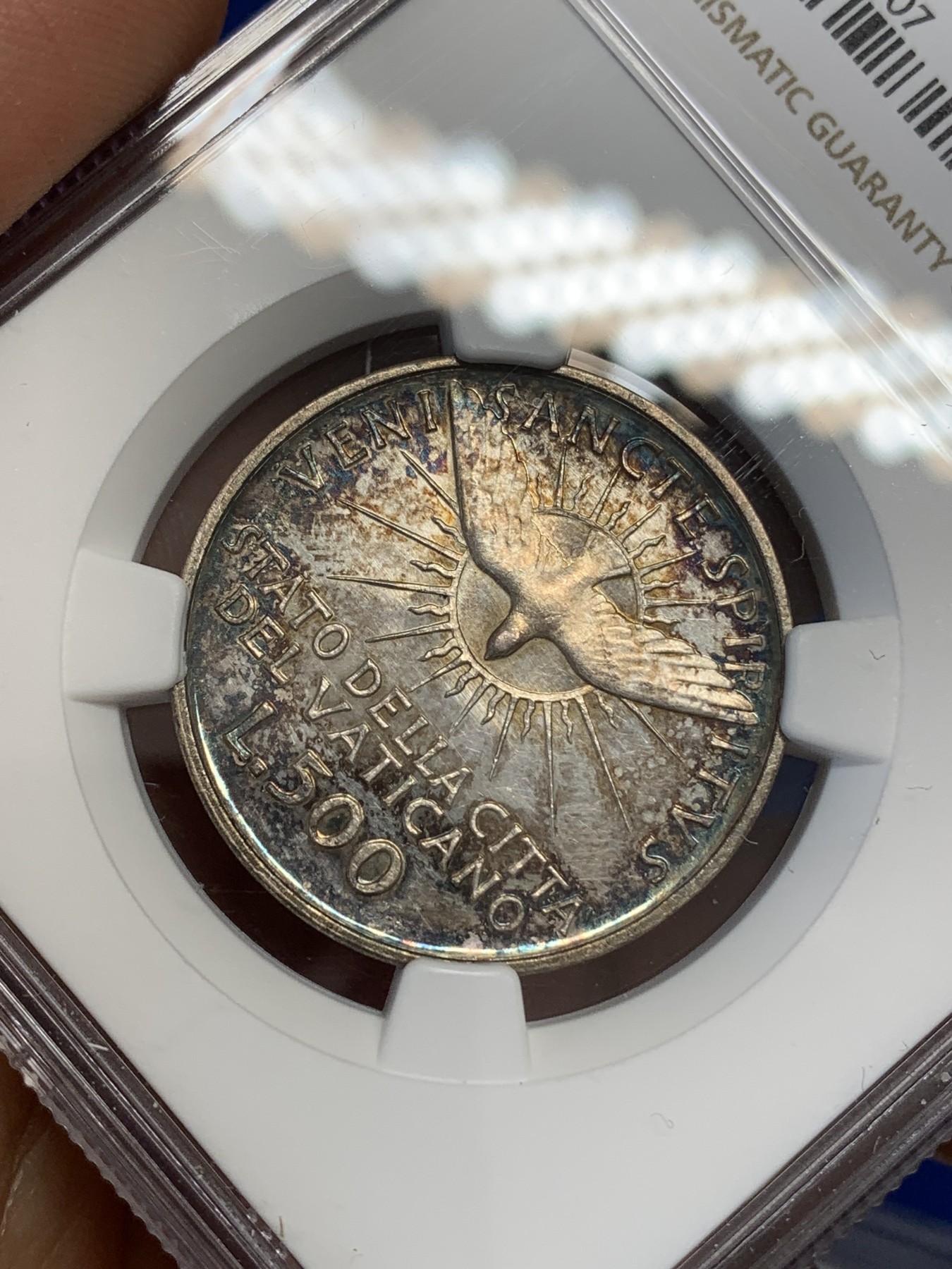 《竞宝斋》第219场-周日，周一 2场 (全场包邮) NGC-UNC 梵蒂冈1958年500里拉银币，双面五彩包浆