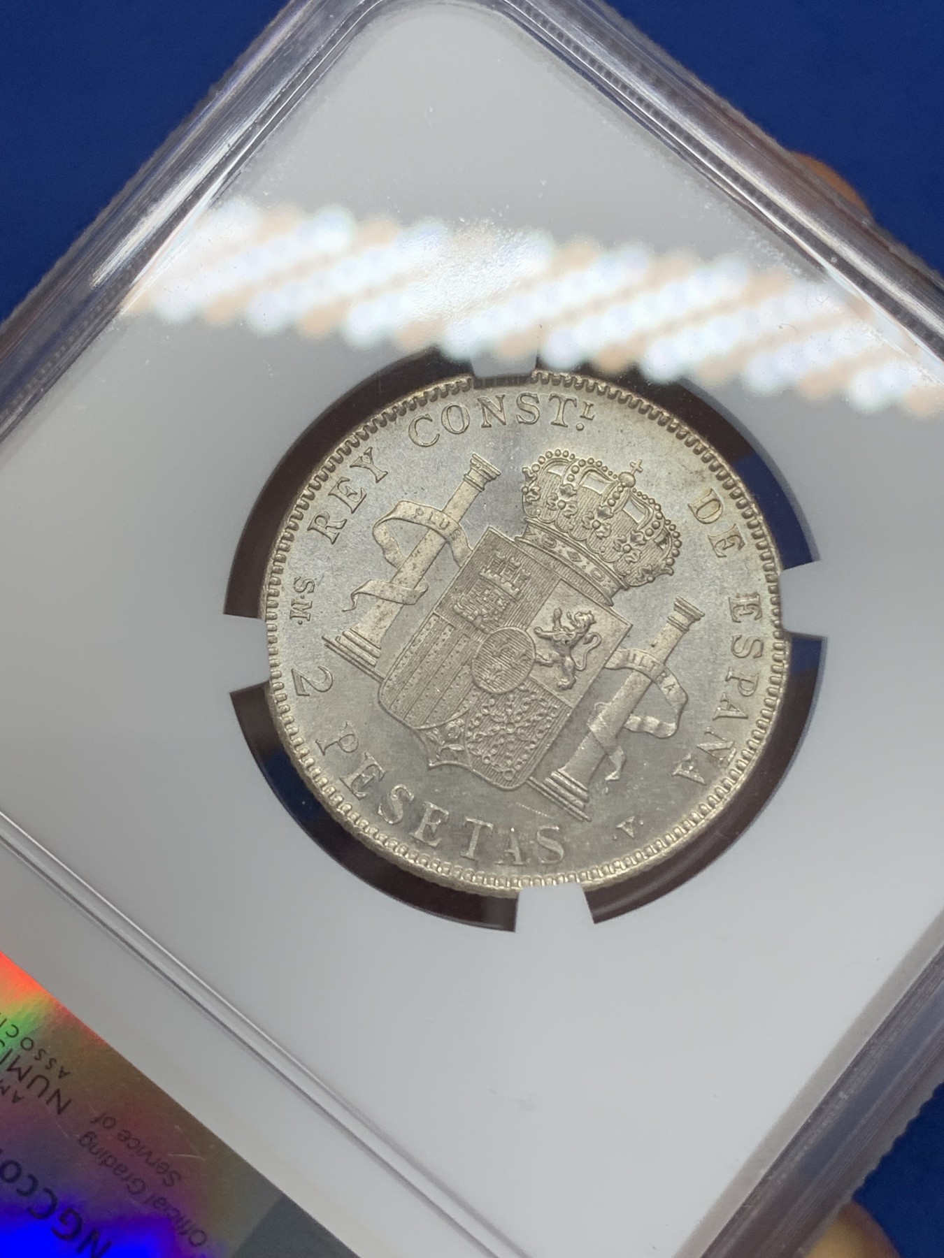 《竞宝斋》第219场-周日，周一 2场 (全场包邮) NGC-MS61 西班牙1905阿方索十三世2比塞塔银币