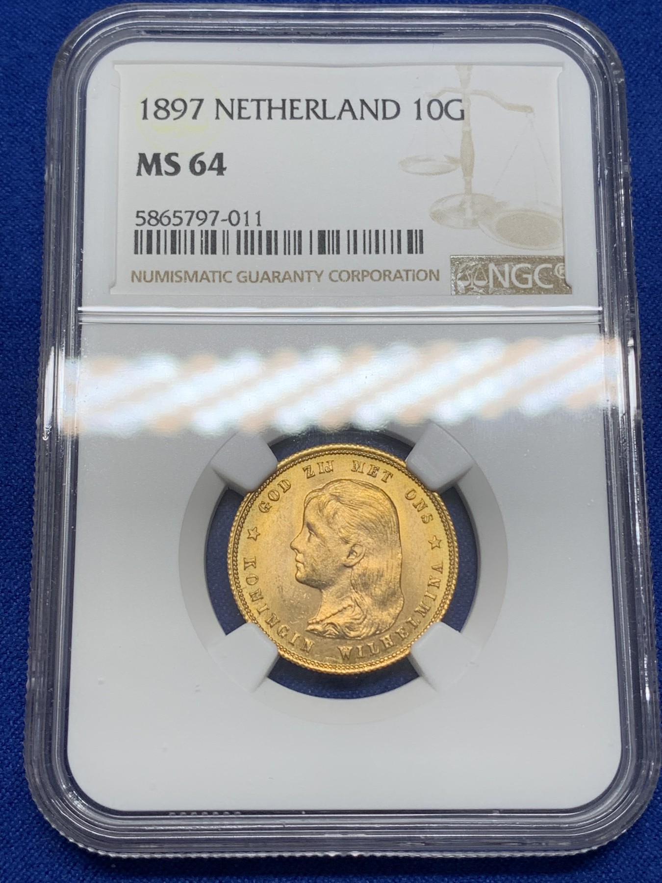 《竞宝斋》第219场-周日，周一 2场 (全场包邮) NGC-MS64 1897荷兰威廉明娜10盾金币 热门大涨品种金萝莉 双面深打收藏级好品