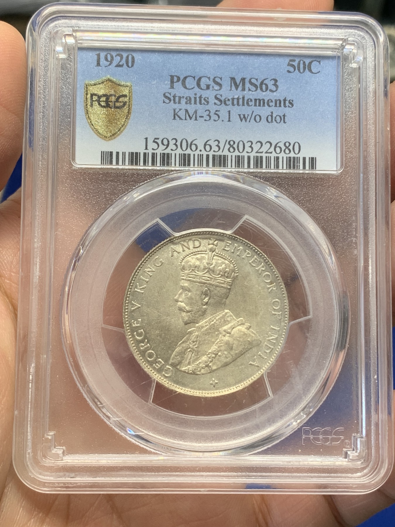 《竞宝斋》第219场-周日，周一 2场 (全场包邮) PCGS MS63 英属海峡1920年乔治五世50分银币 盒子表面有小裂纹 细节见图