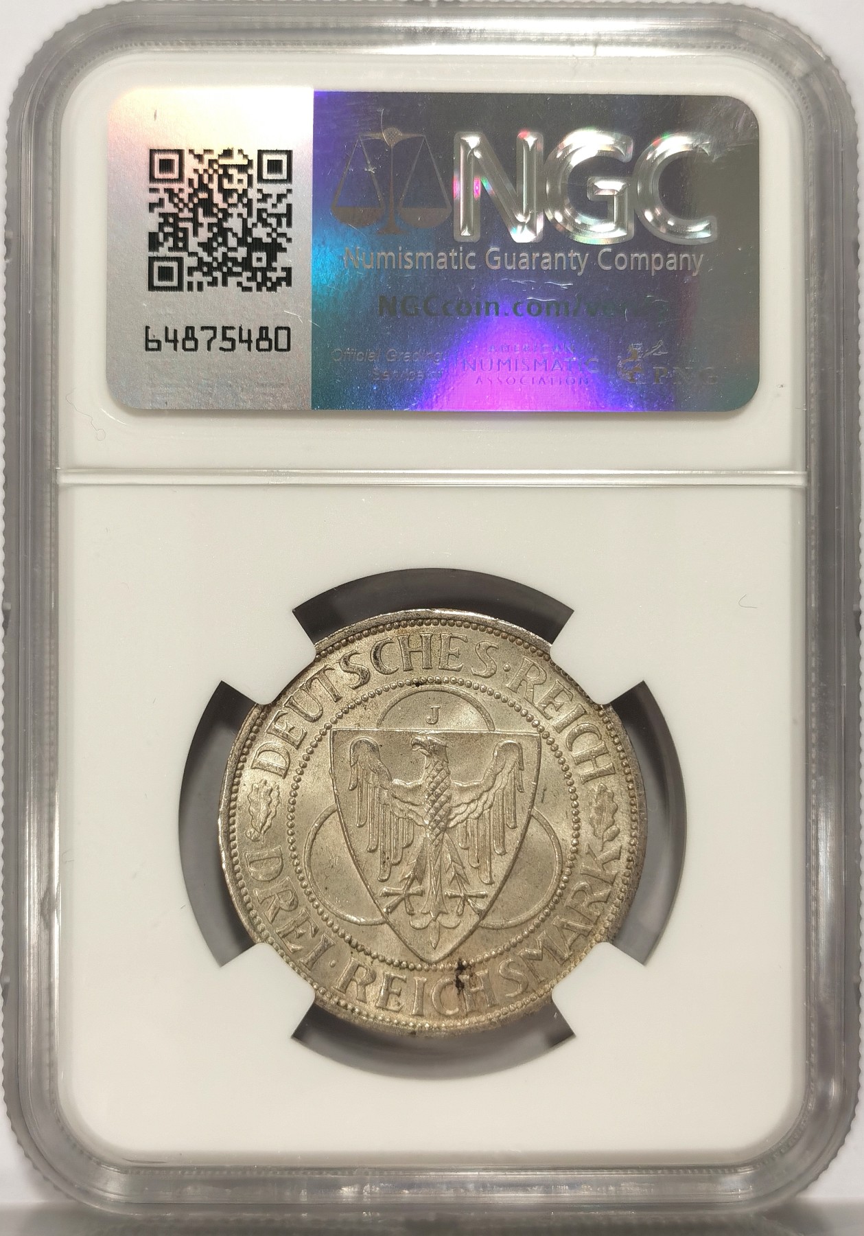 博洋堂【北京钱博会拍卖周】精品专场暨第54期（全场包邮） NGC MS63 德国魏玛共和国1930年A莱茵解放鹰桥3马克银币