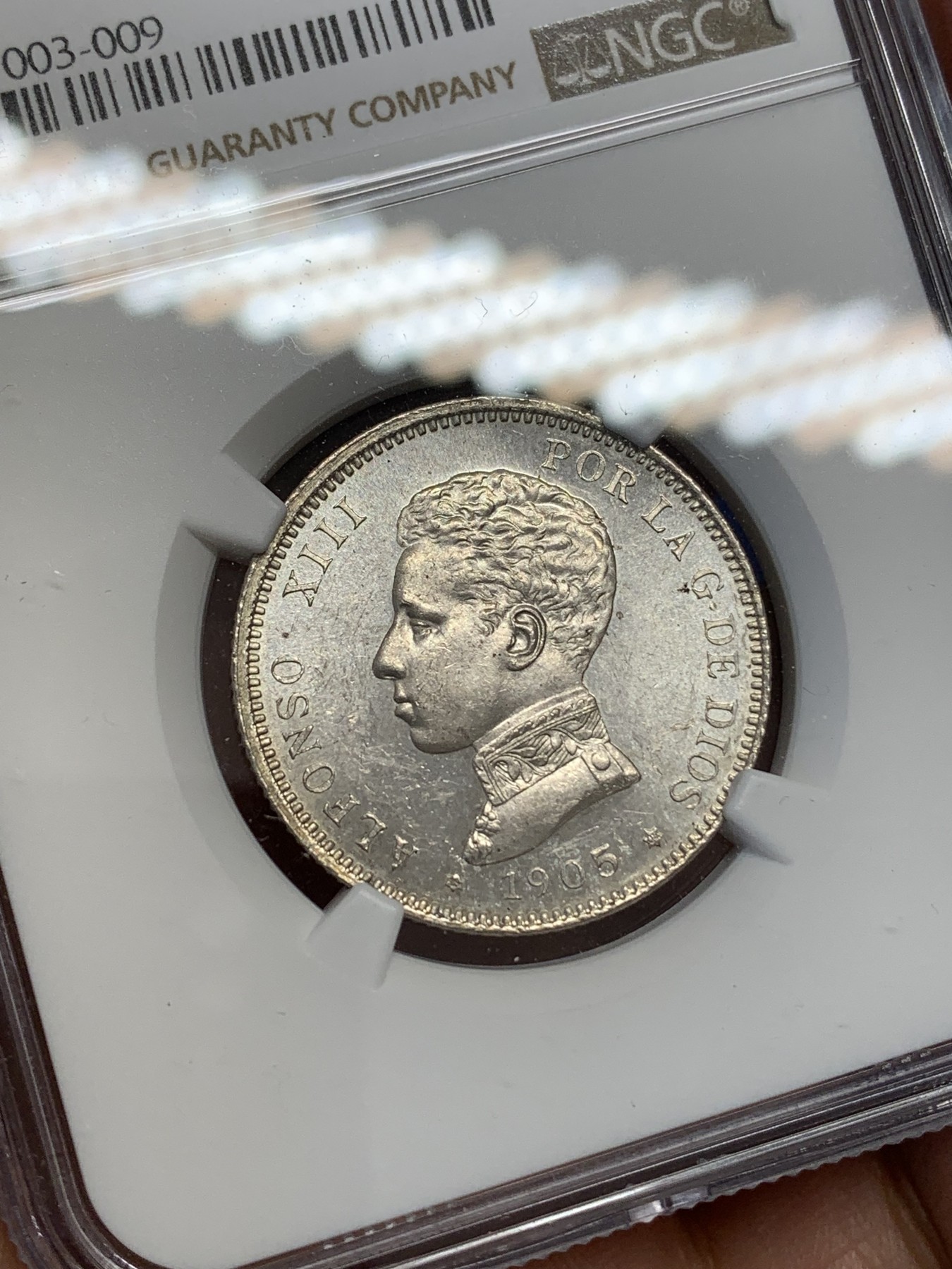 《竞宝斋》第219场-周日，周一 2场 (全场包邮) NGC-MS61 西班牙1905阿方索十三世2比塞塔银币