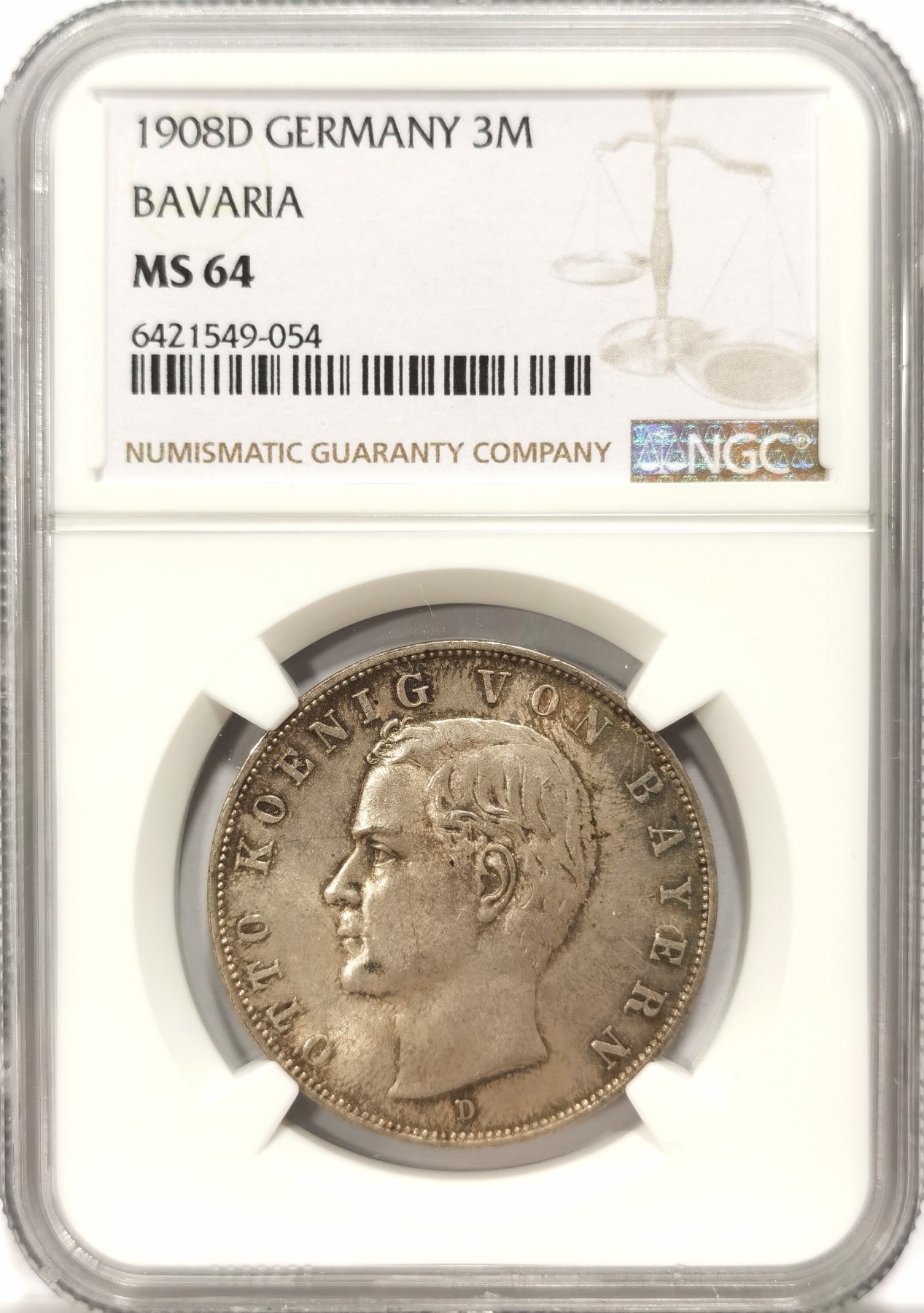 博洋堂【北京钱博会拍卖周】精品专场暨第54期（全场包邮） NGC MS64 1908年德国巴伐利亚奥托像3马克银币。鹰面满黑色五彩包浆，底板极佳，欧洲纸袋黑彩，视觉效果极其震撼。2021年10月SBP63分成交价132美元