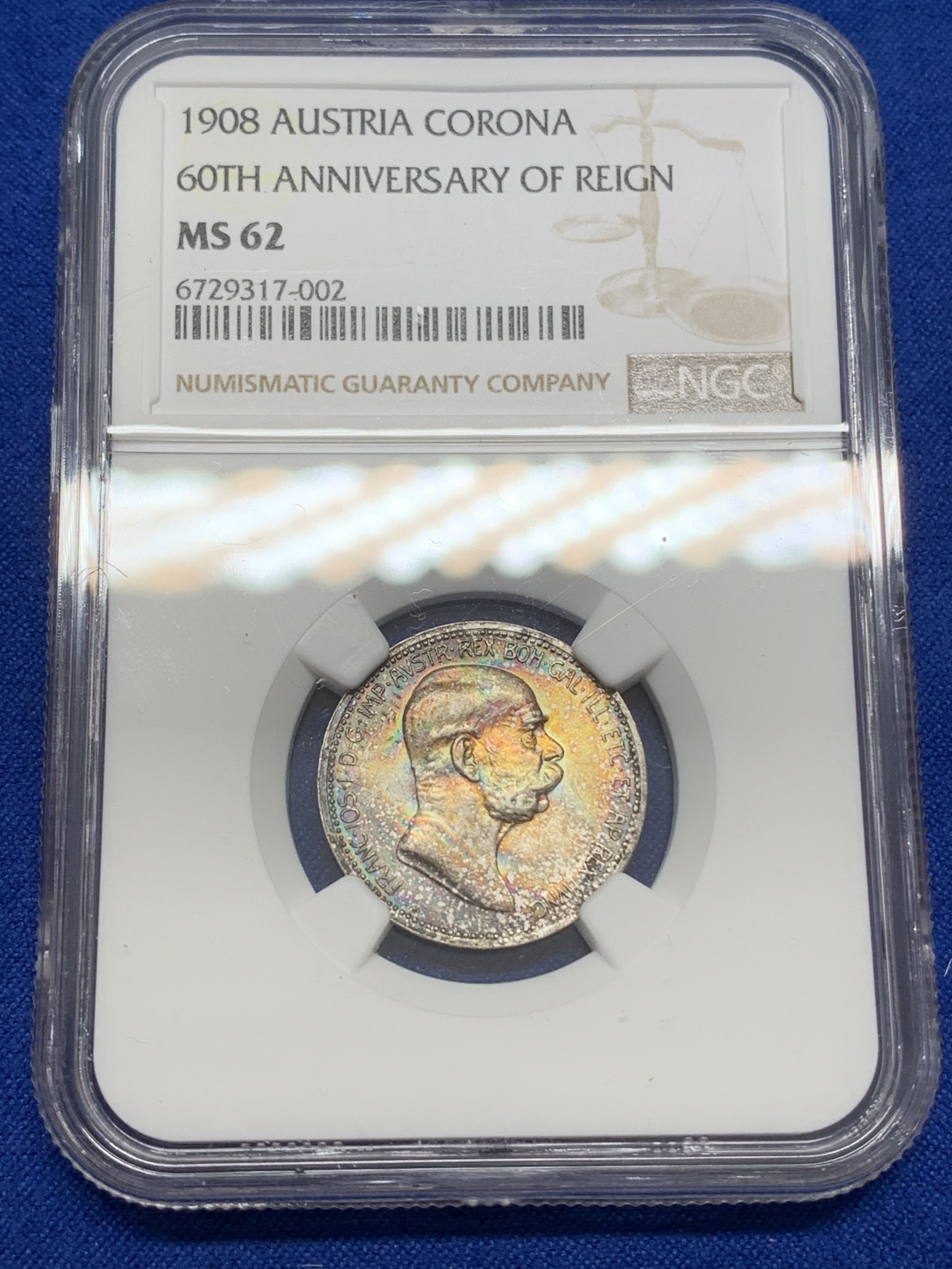 《竞宝斋》第219场-周日，周一 2场 (全场包邮) NGC-MS62 奥地利1908年1克朗，纪念弗朗茨约瑟夫皇帝登基60周年纪念币，双面五彩包浆
