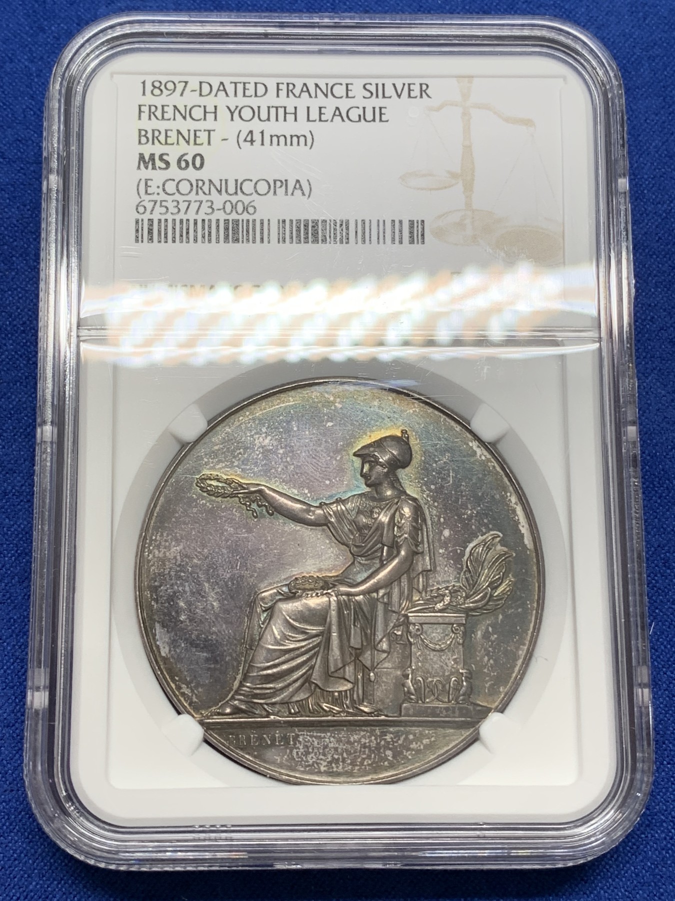 《竞宝斋》第219场-周日，周一 2场 (全场包邮) NGC-MS60 法国1897年布伦特银章 41mm大规格 PL底板 深彩包浆