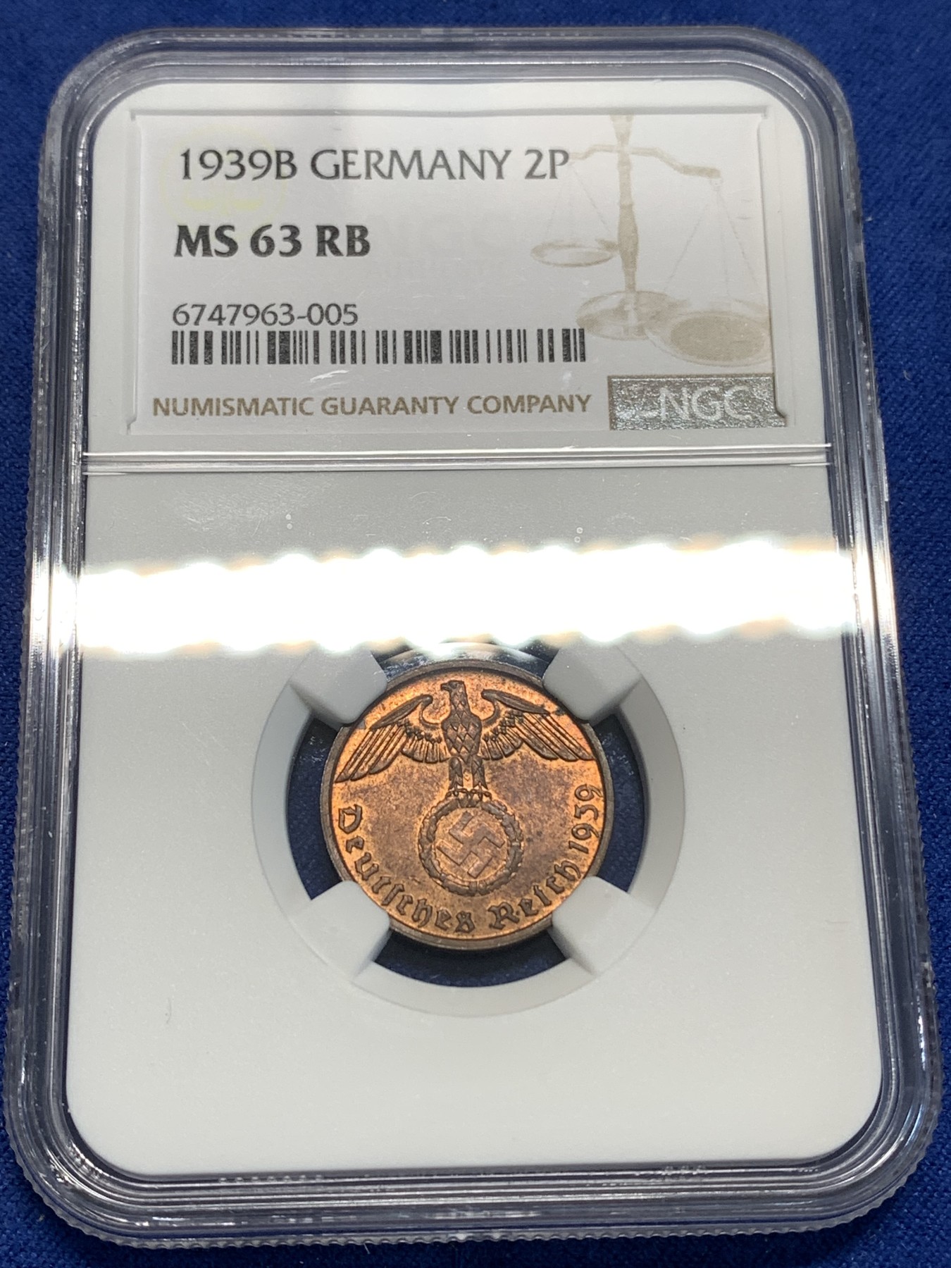 《竞宝斋》第219场-周日，周一 2场 (全场包邮) NGC MS63RB 1939B德国万字2芬尼 状态不错