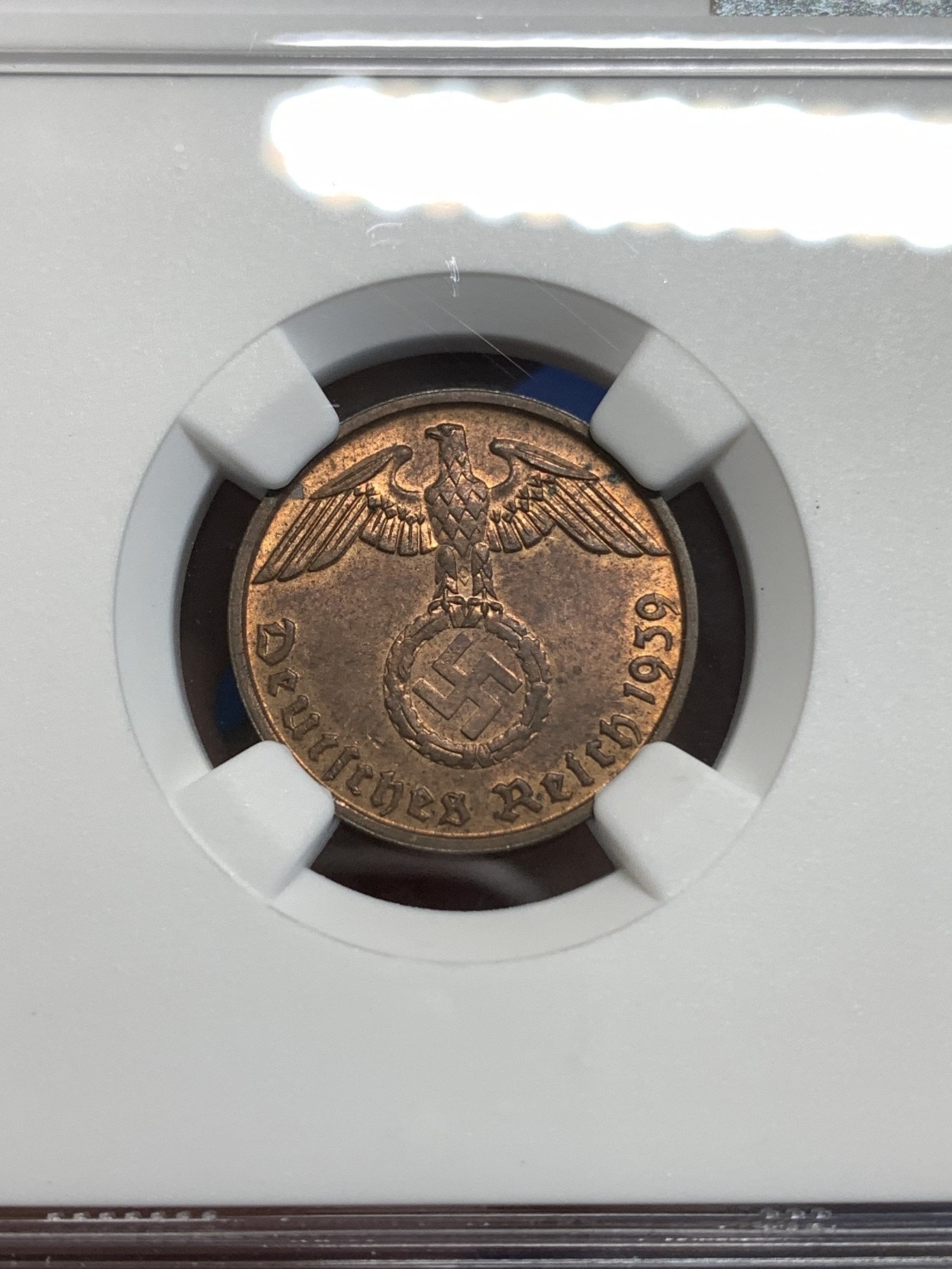 《竞宝斋》第219场-周日，周一 2场 (全场包邮) NGC MS63RB 1939B德国万字2芬尼 状态不错