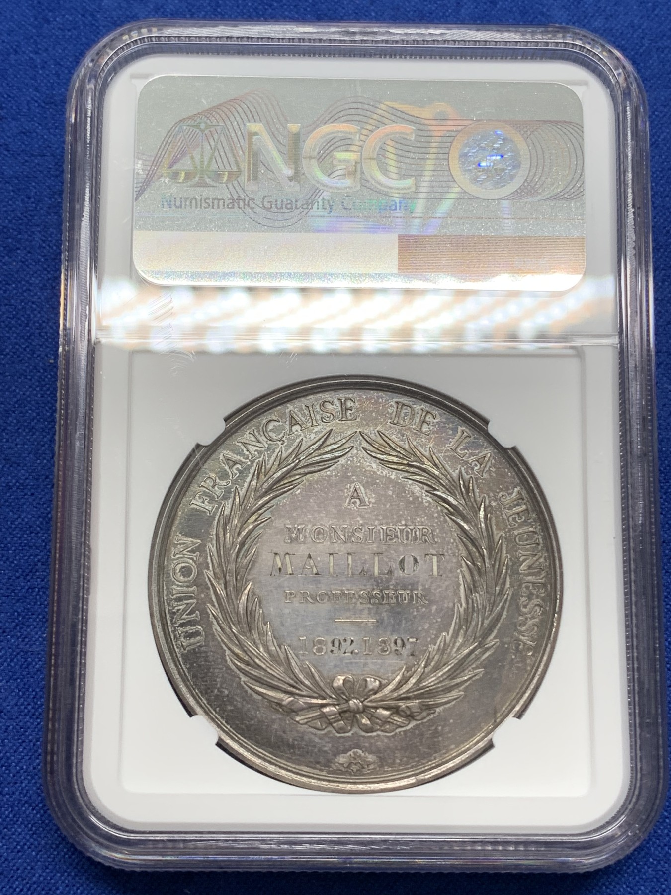 《竞宝斋》第219场-周日，周一 2场 (全场包邮) NGC-MS60 法国1897年布伦特银章 41mm大规格 PL底板 深彩包浆