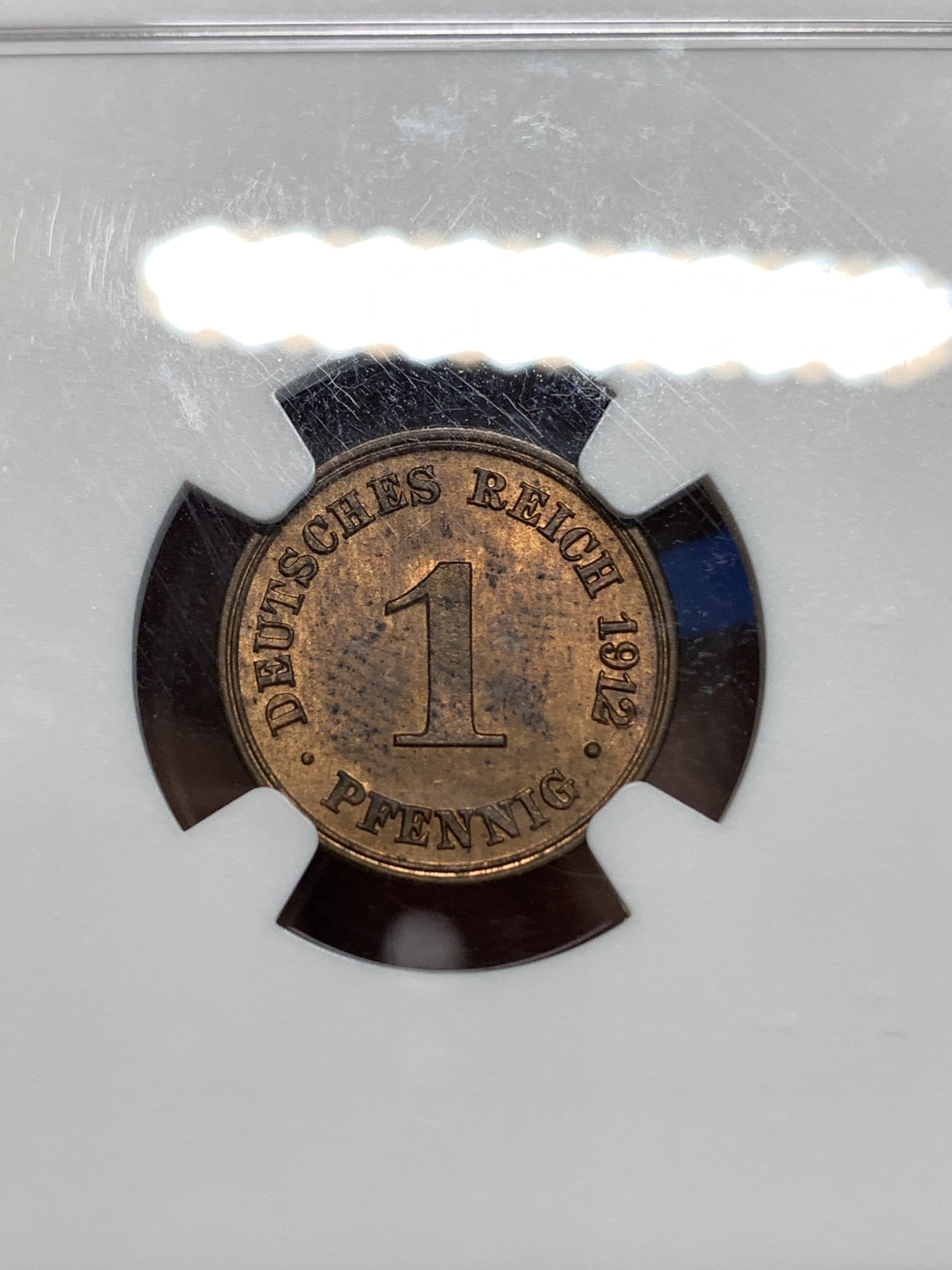 《竞宝斋》第219场-周日，周一 2场 (全场包邮) NGC-MS62 德国1912年德意志第二帝国G版1芬尼铜币