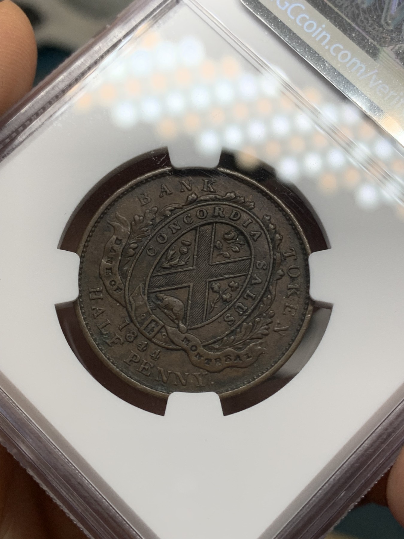 《竞宝斋》第219场-周日，周一 2场 (全场包邮) NGC AUD 1844年加拿大1/2P铜币