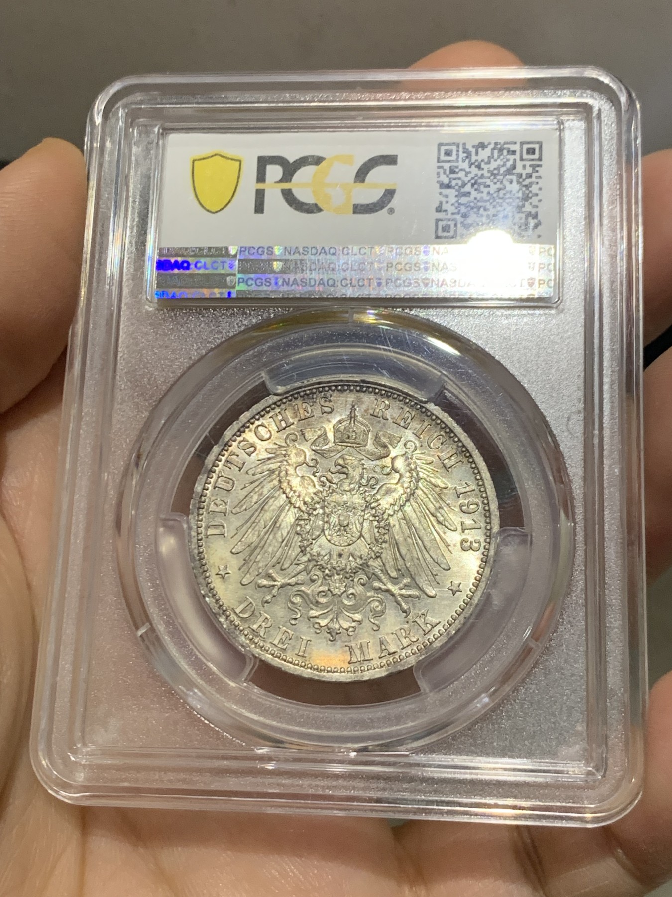 《竞宝斋》第219场-周日，周一 2场 (全场包邮) PCGS-MS65 德国 1913年 普鲁士 军装 3马克 银币 好彩 高分好状态