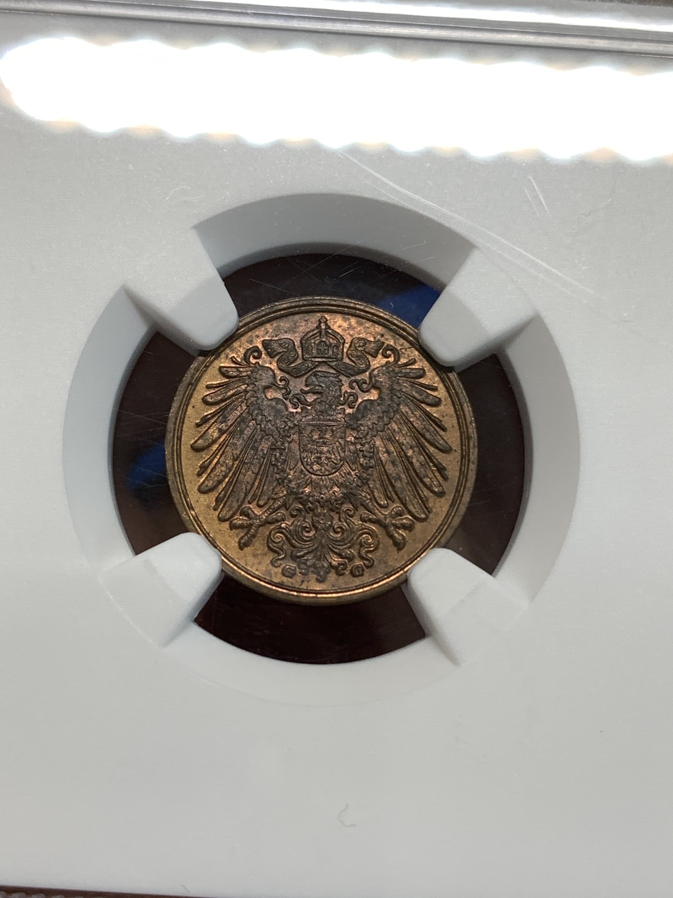 《竞宝斋》第219场-周日，周一 2场 (全场包邮) NGC-MS62 德国1912年德意志第二帝国G版1芬尼铜币