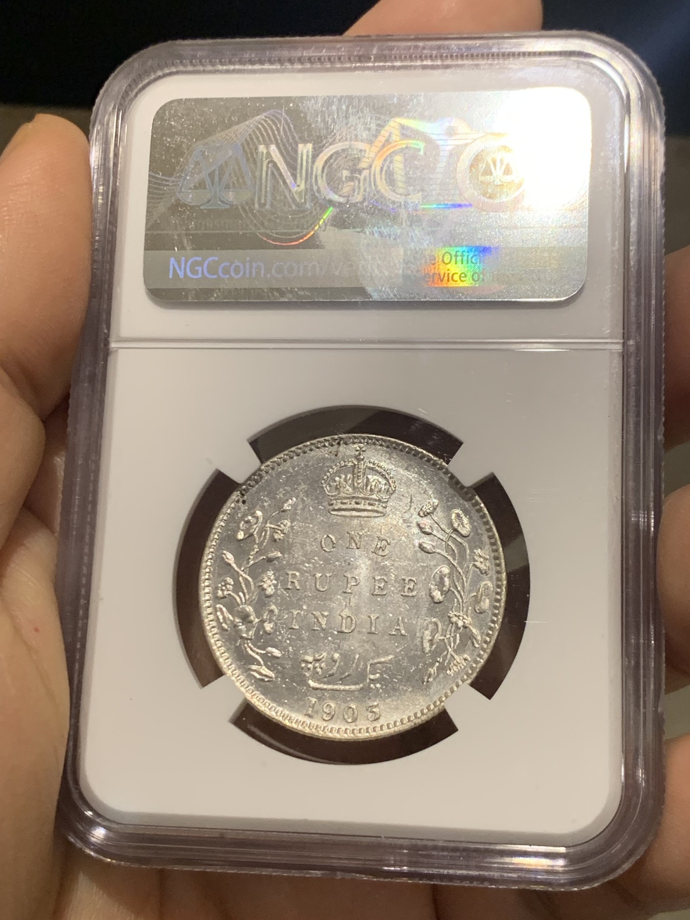 《竞宝斋》第219场-周日，周一 2场 (全场包邮) NGC-MS63 1903B英属印度爱德华七世卢比 原品车轮光