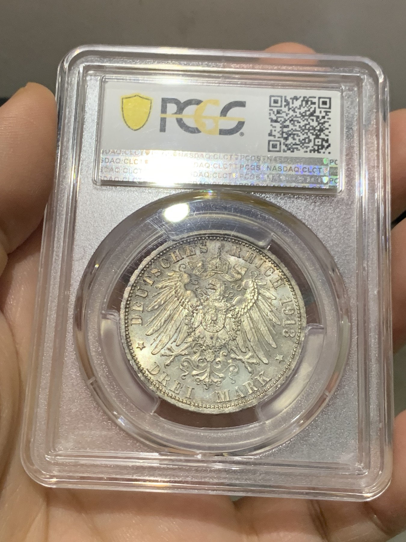 《竞宝斋》第219场-周日，周一 2场 (全场包邮) PCGS-MS65 德国 1913年 普鲁士 军装 3马克 银币 好彩 高分好状态