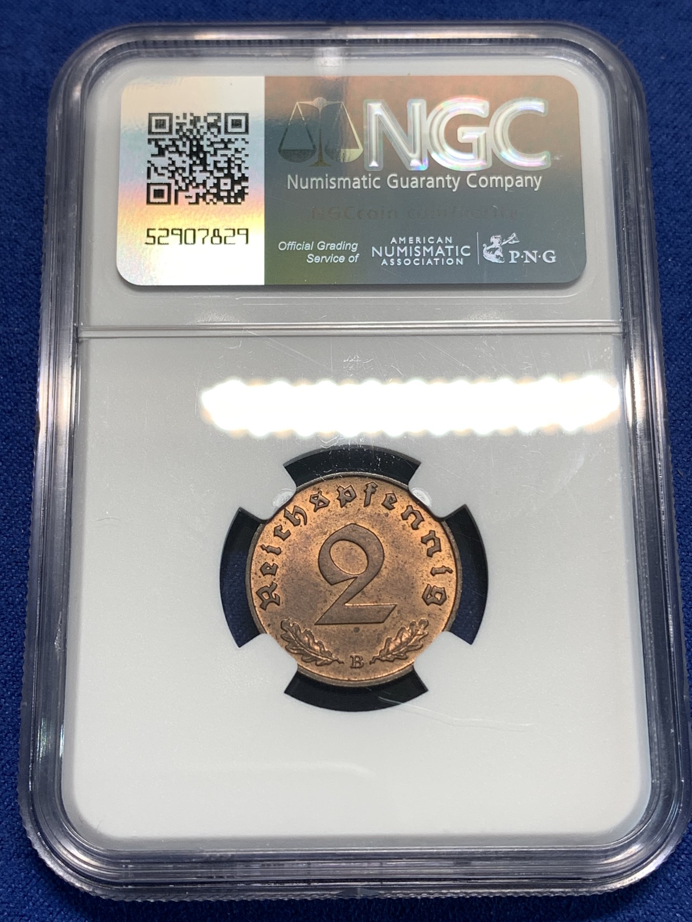 《竞宝斋》第219场-周日，周一 2场 (全场包邮) NGC MS63RB 1939B德国万字2芬尼 状态不错