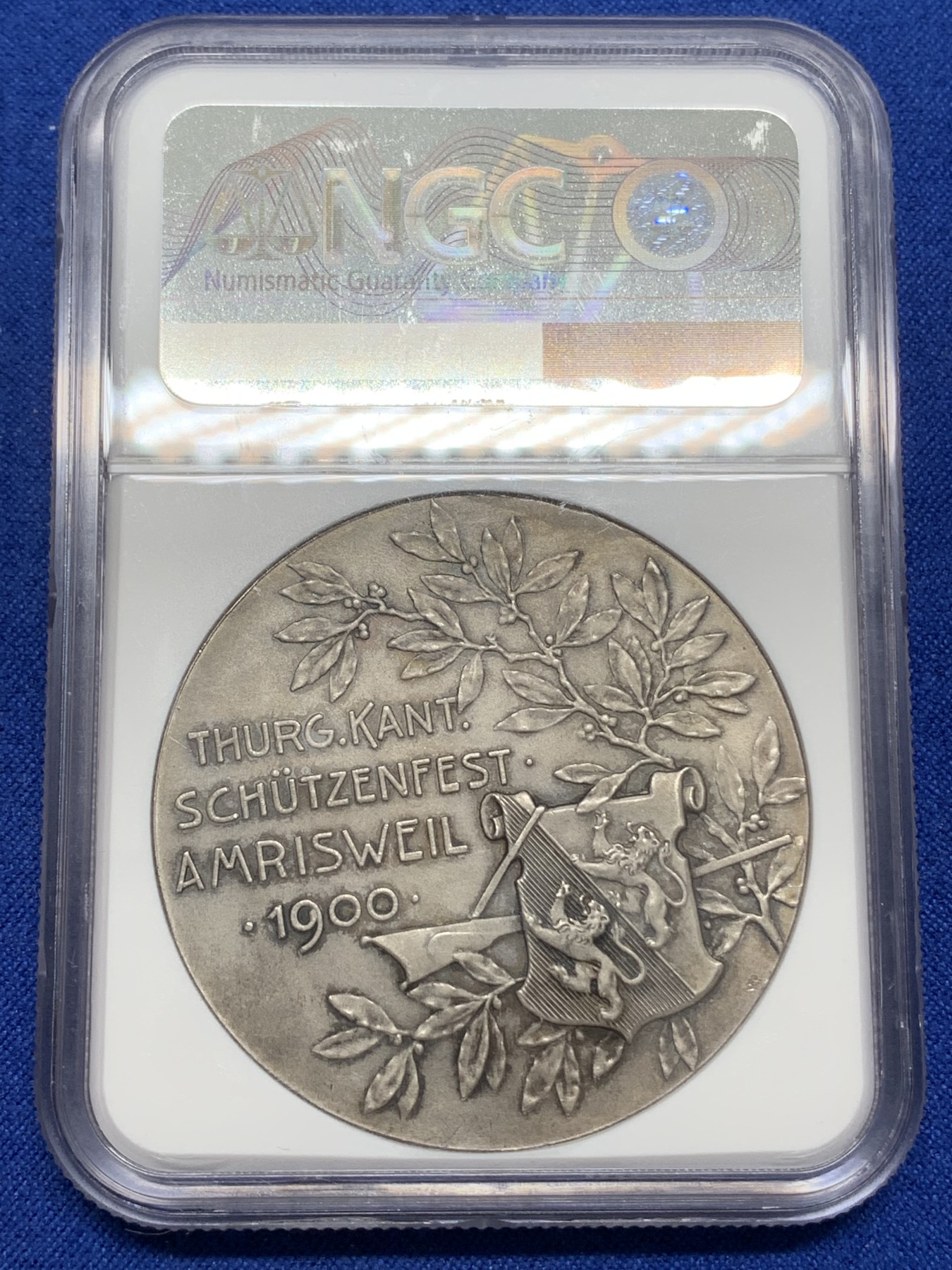 《竞宝斋》第219场-周日，周一 2场 (全场包邮) NGC MS62 1900年瑞士图尔高射击节大银章，稀少品种，人物高点无磨损