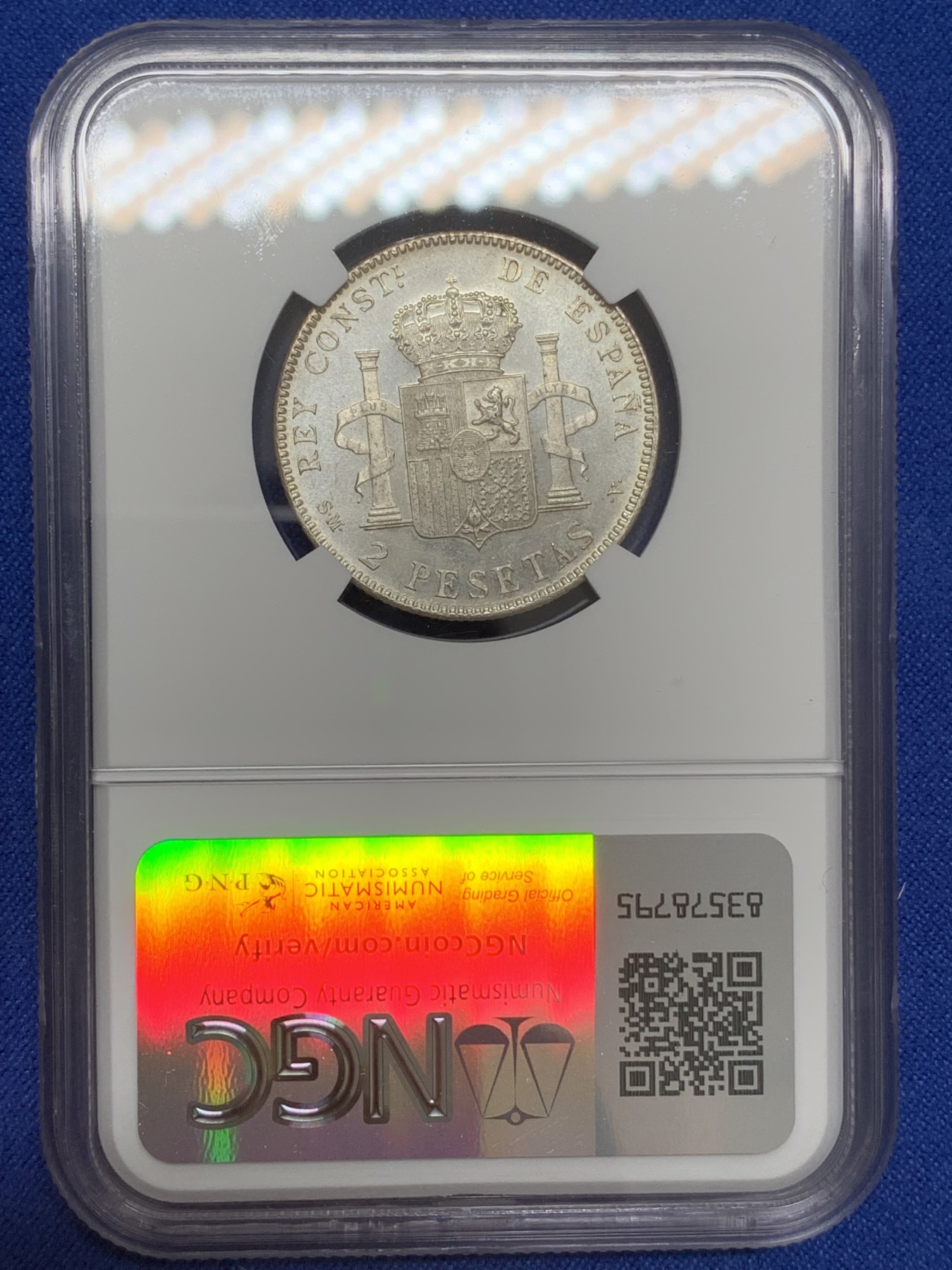 《竞宝斋》第219场-周日，周一 2场 (全场包邮) NGC-MS61 西班牙1905阿方索十三世2比塞塔银币