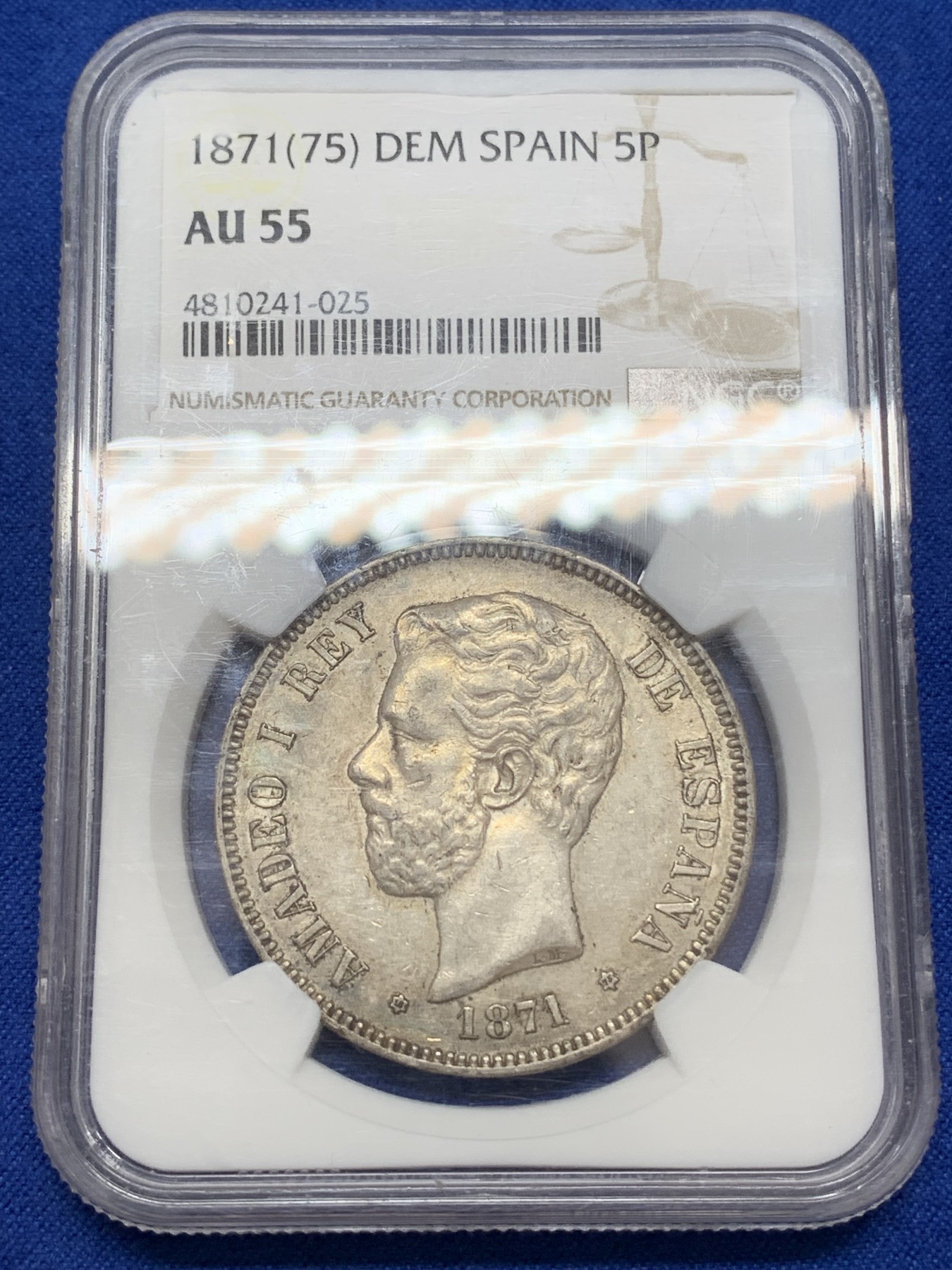 《竞宝斋》第219场-周日，周一 2场 (全场包邮) NGC AU55 西班牙1871年阿玛迪奥一世5比赛塔银币 上au55很不容易