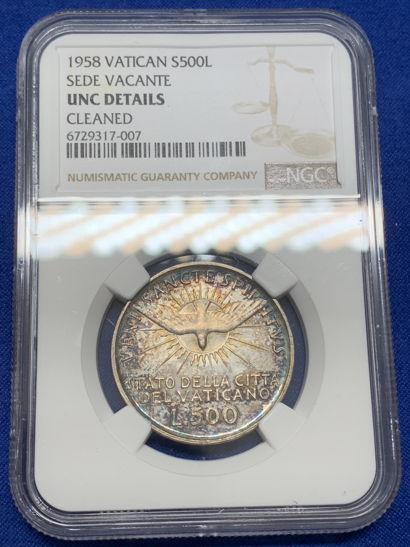 《竞宝斋》第219场-周日，周一 2场 (全场包邮) NGC-UNC 梵蒂冈1958年500里拉银币，双面五彩包浆