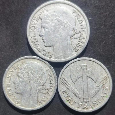 231202 【保真外币】法国早期40年代硬币一组3枚 法郎 年份随机发货23001