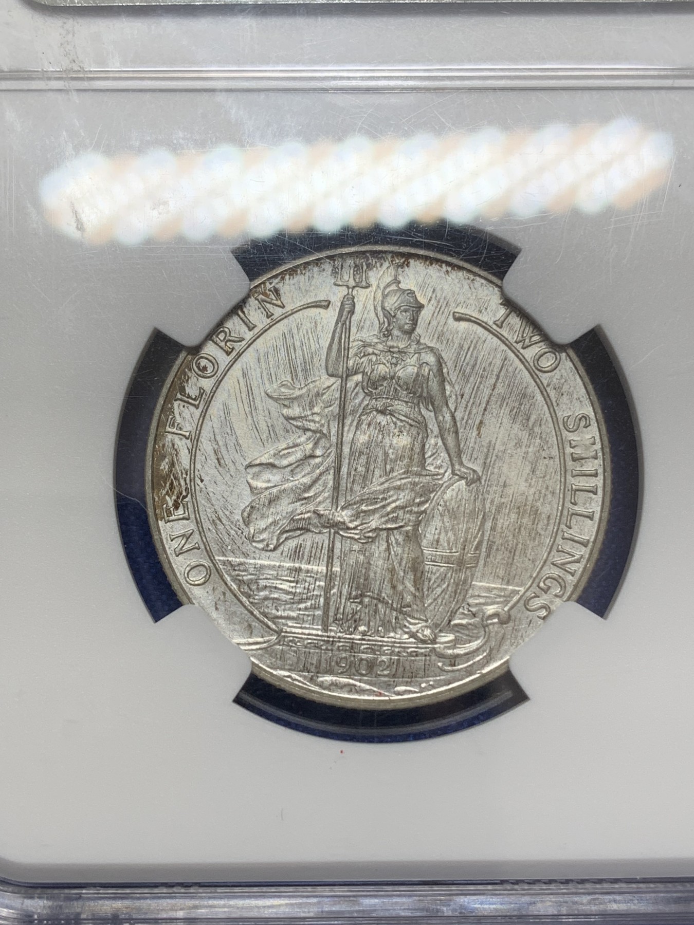 《竞宝斋》第219场-周日，周一 2场 (全场包邮) NGC-PF63MATTE 英国1902爱七精致海神弗洛林2先令银币 经典设计磨砂工艺热门品种名家收藏 下沿小磕