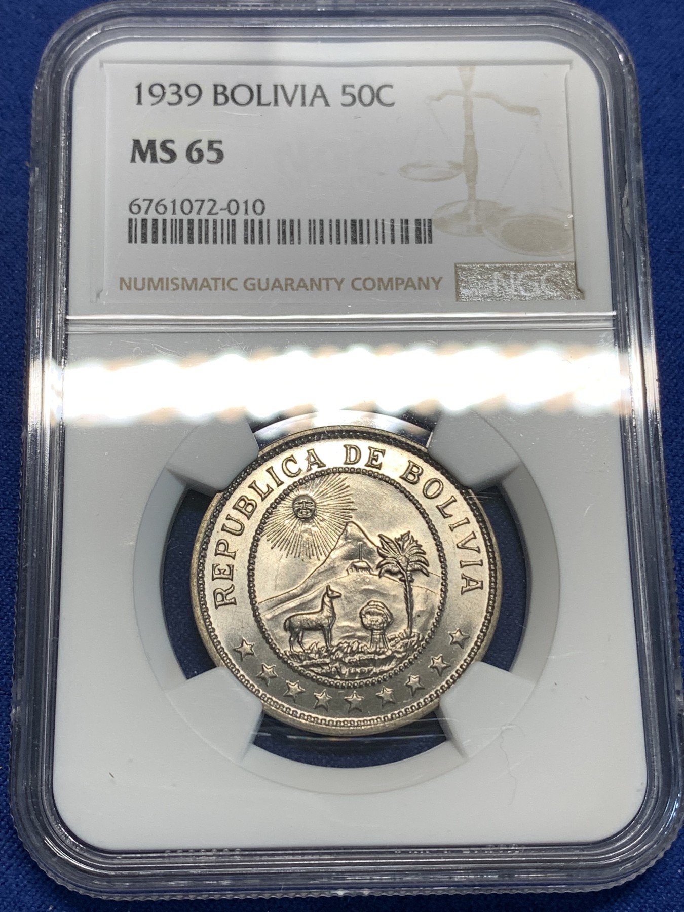《竞宝斋》第219场-周日，周一 2场 (全场包邮) NGC MS65 玻利维亚1939年50分镍币