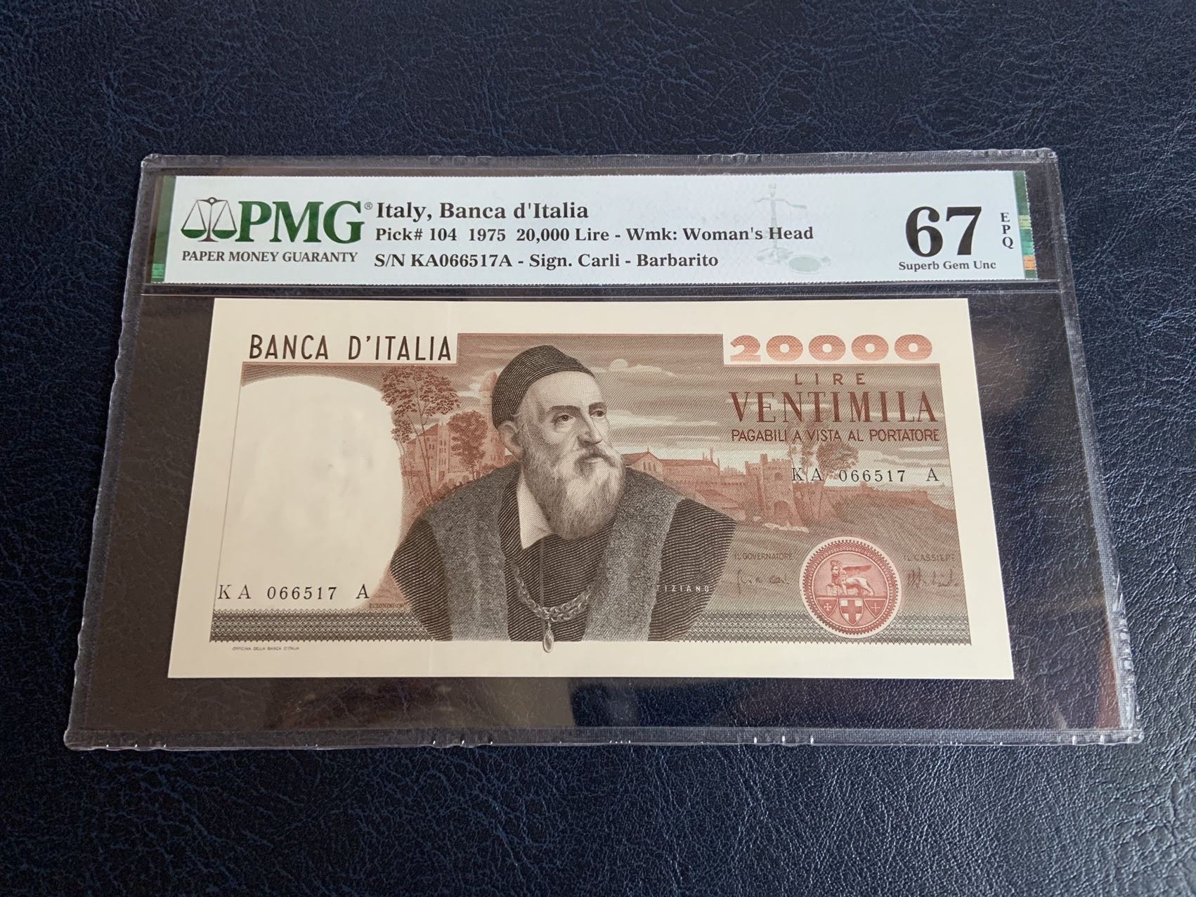收藏联盟Quantum Auction 第307期拍卖  意大利1975年20000里拉 PMG67 文艺复兴大师 提香 号码无4