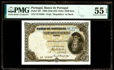 【Blue Auction】✨世界纸币精拍第398期【精】 -  【66尾无47 无全新存世 仅3张更高分 “葡萄牙战神”&“东方凯撒”】葡萄牙 1916年2500瑞斯 PMNG55EPQ 高分原票极罕见 背面墨丘利精美 正面人物大胡子为葡属印度殖民地总督，果阿和马六甲的征服者——阿方索·德·阿尔布克尔克，他控制东方航路，为葡萄牙王国在东方的霸权奠定了基础。他被葡萄牙国王授予第一位“果阿公爵”的称号。克劳斯仅给出了XF参考价，AU原票稀见。