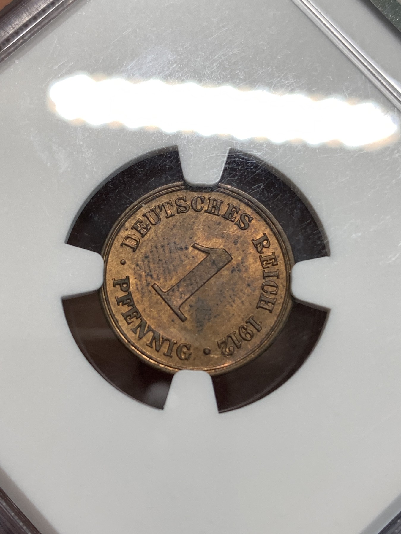 《竞宝斋》第219场-周日，周一 2场 (全场包邮) NGC-MS62 德国1912年德意志第二帝国G版1芬尼铜币