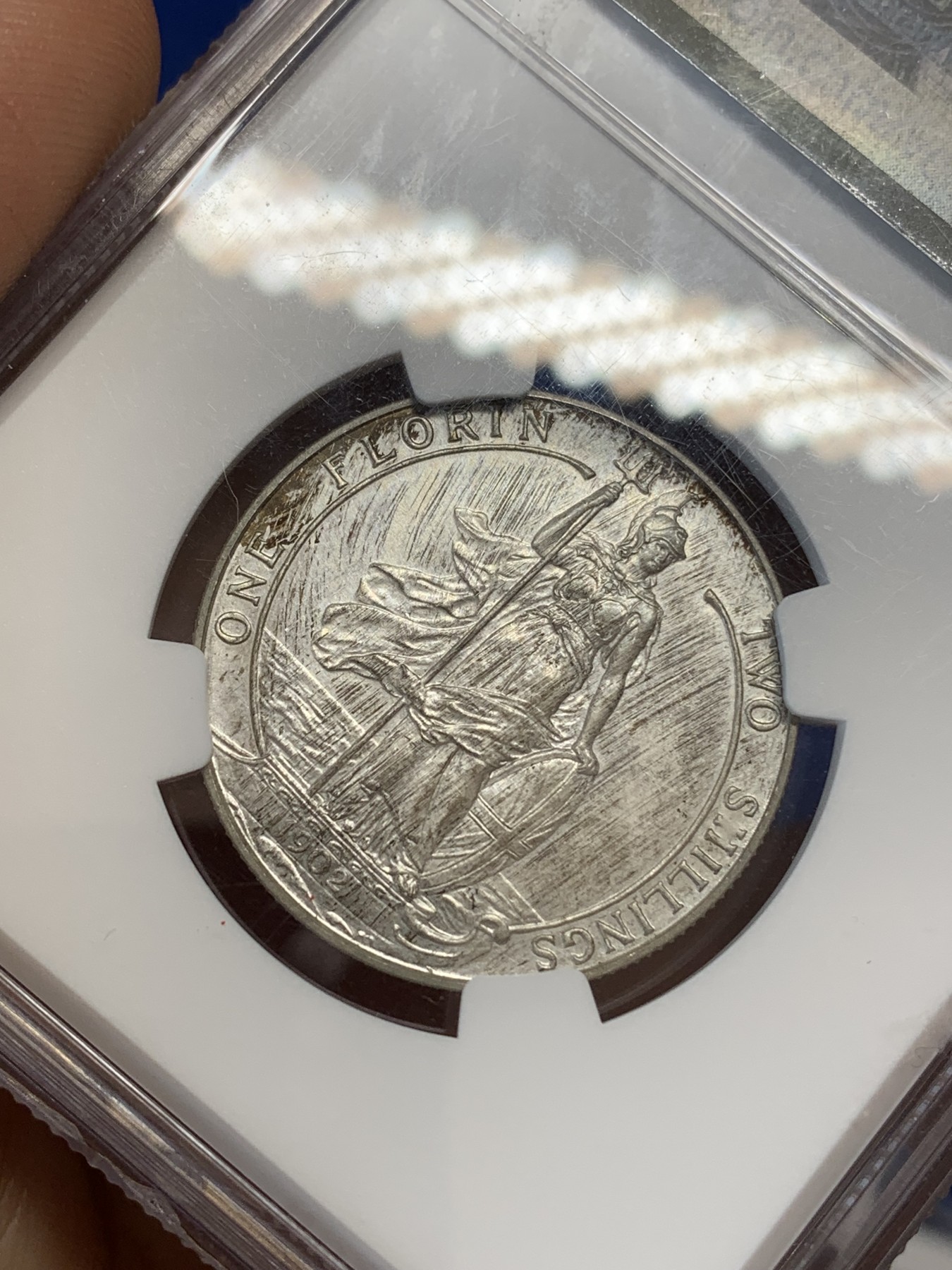 《竞宝斋》第219场-周日，周一 2场 (全场包邮) NGC-PF63MATTE 英国1902爱七精致海神弗洛林2先令银币 经典设计磨砂工艺热门品种名家收藏 下沿小磕