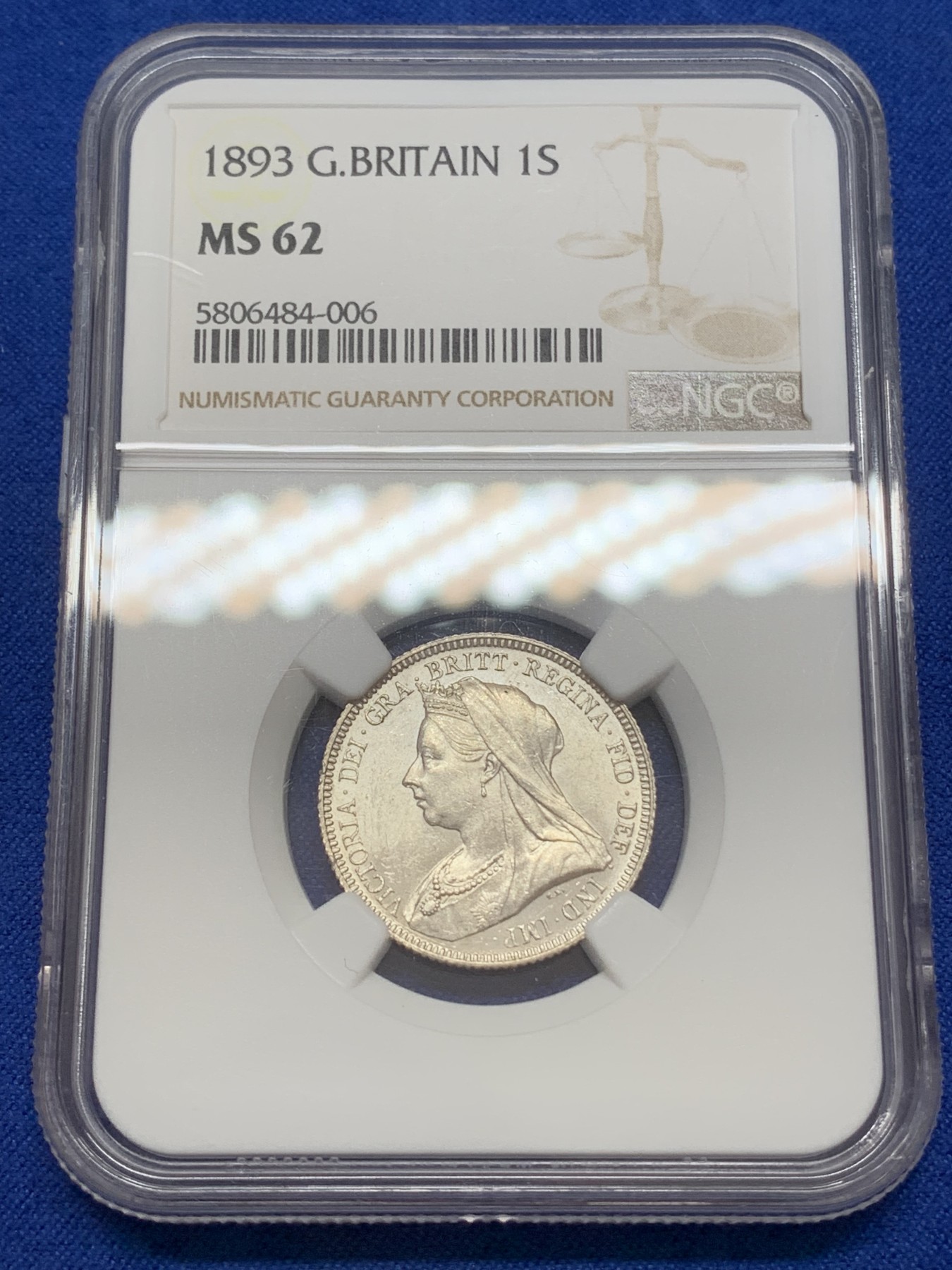 《竞宝斋》第219场-周日，周一 2场 (全场包邮) NGC MS62 英国1893年披纱1先令银币 原光满满