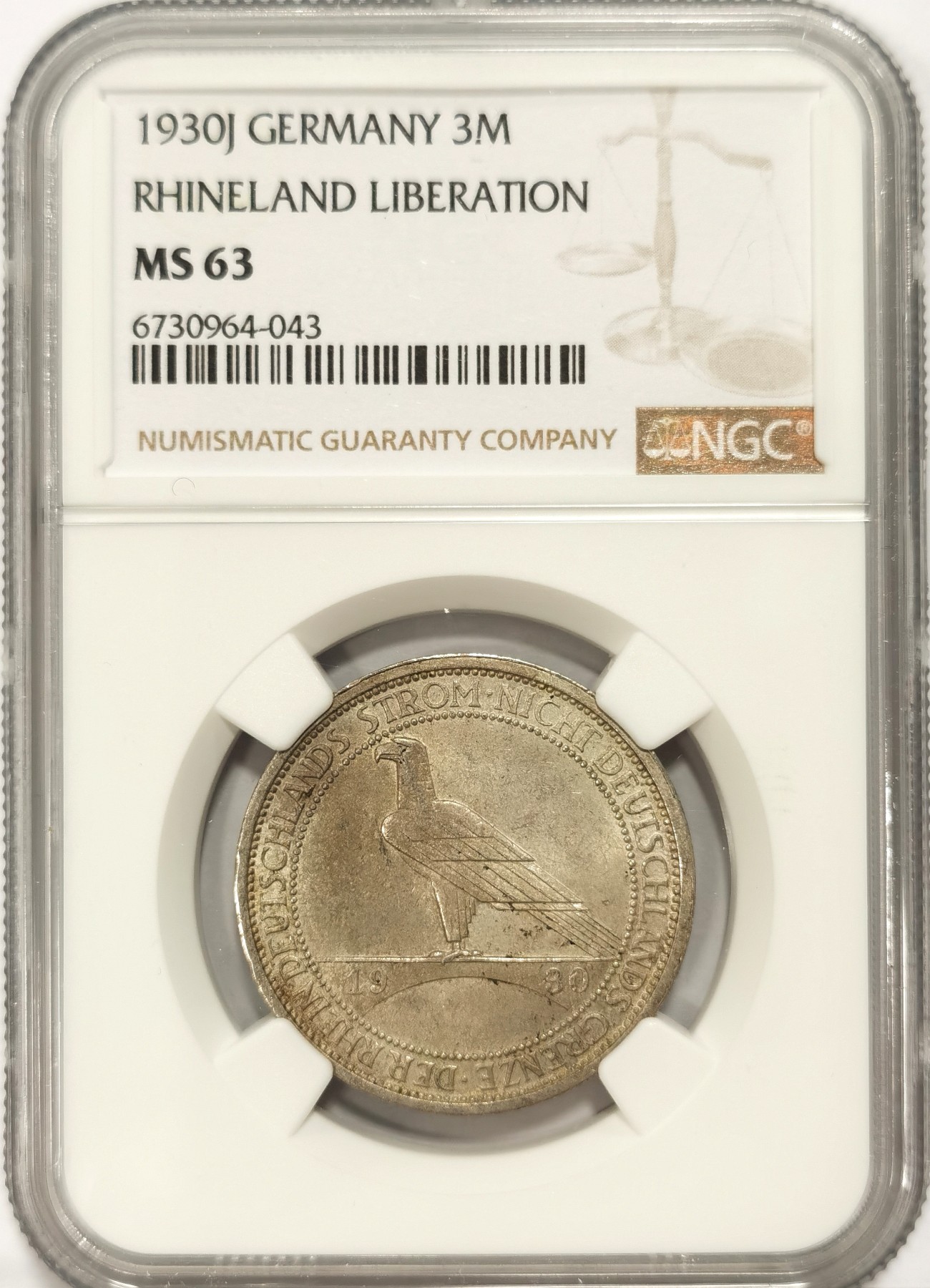 博洋堂【北京钱博会拍卖周】精品专场暨第54期（全场包邮） NGC MS63 德国魏玛共和国1930年A莱茵解放鹰桥3马克银币