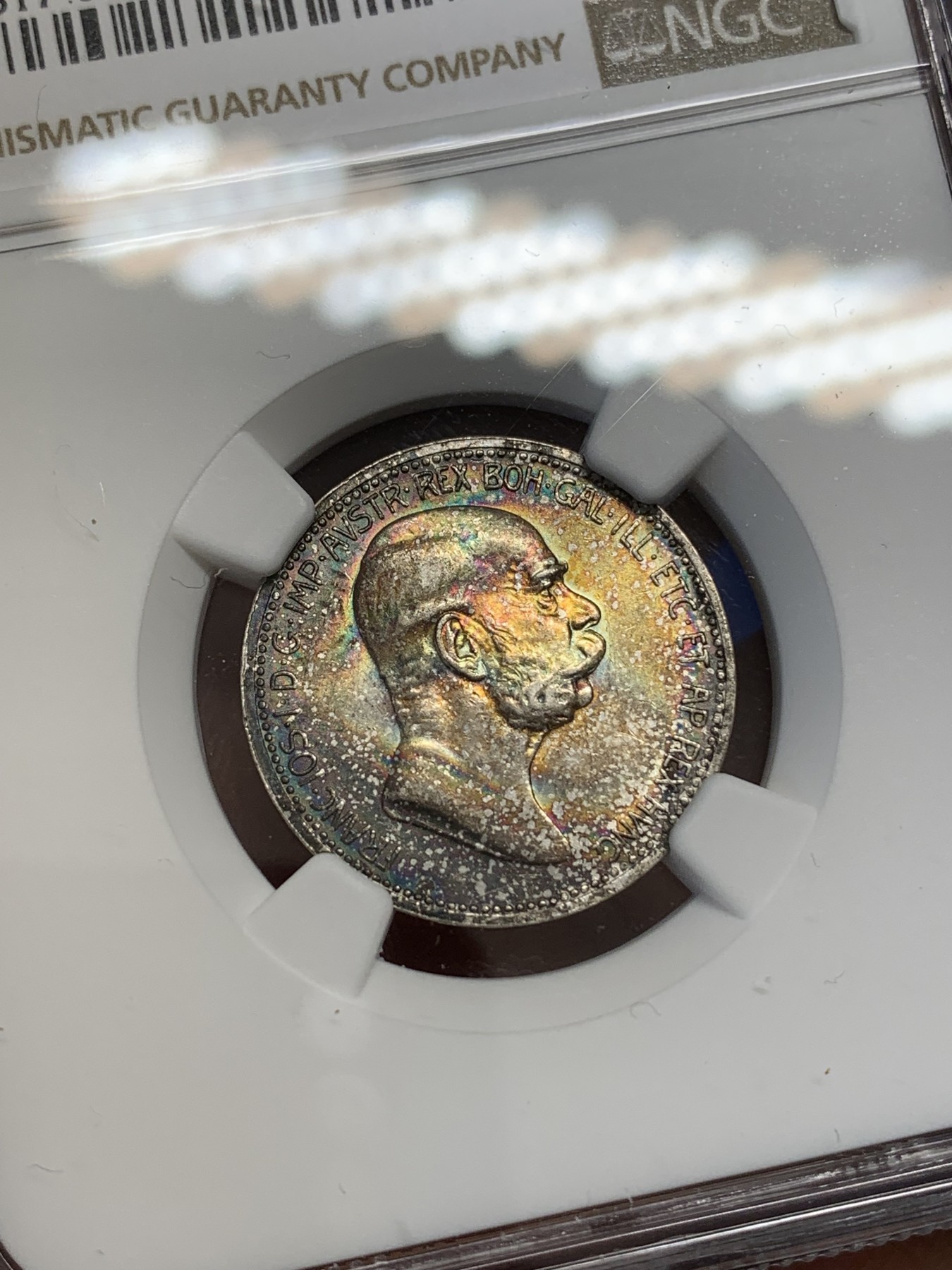 《竞宝斋》第219场-周日，周一 2场 (全场包邮) NGC-MS62 奥地利1908年1克朗，纪念弗朗茨约瑟夫皇帝登基60周年纪念币，双面五彩包浆