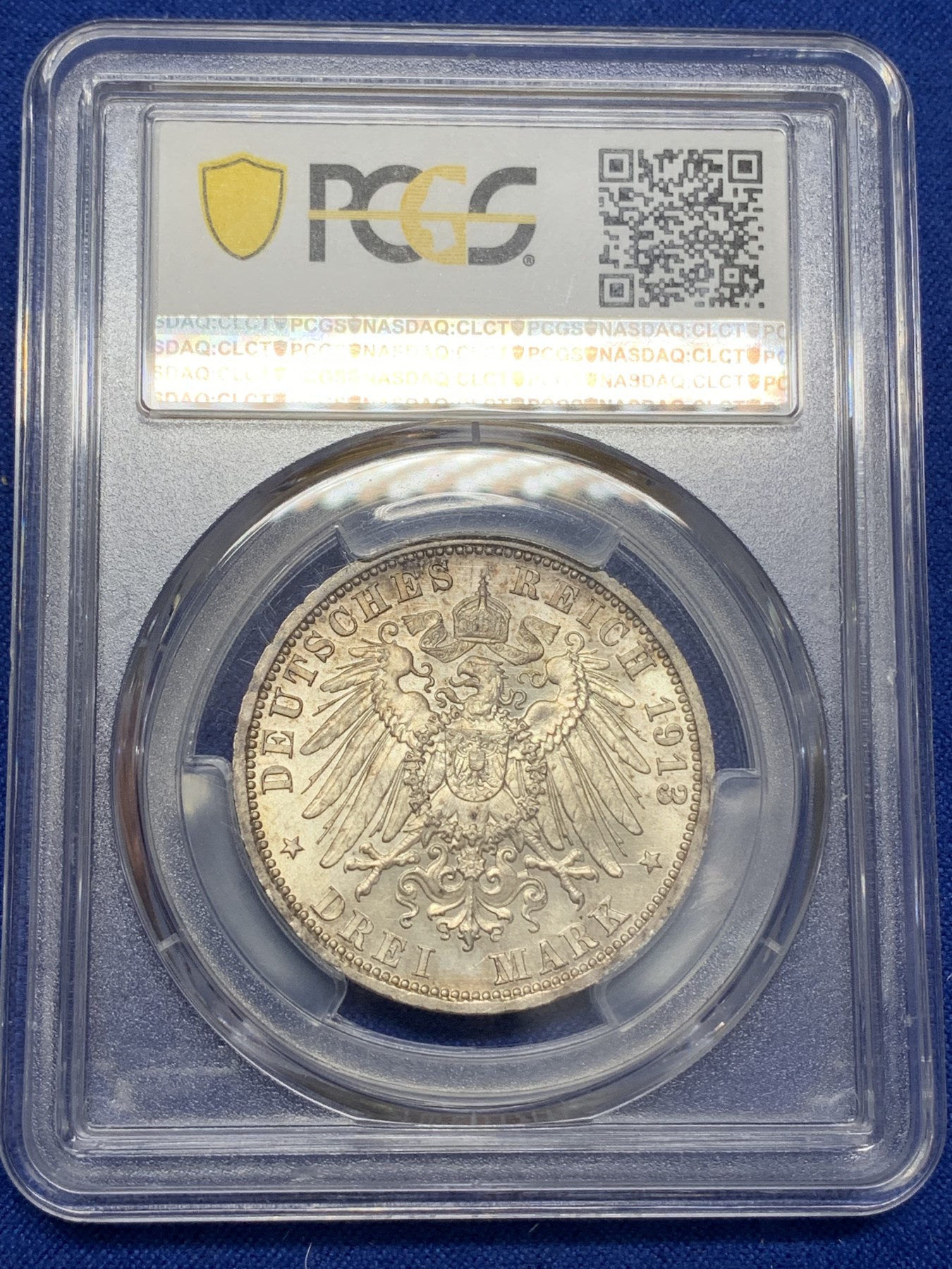 《竞宝斋》第219场-周日，周一 2场 (全场包邮) PCGS-MS65 德国 1913年 普鲁士 军装 3马克 银币 好彩 高分好状态