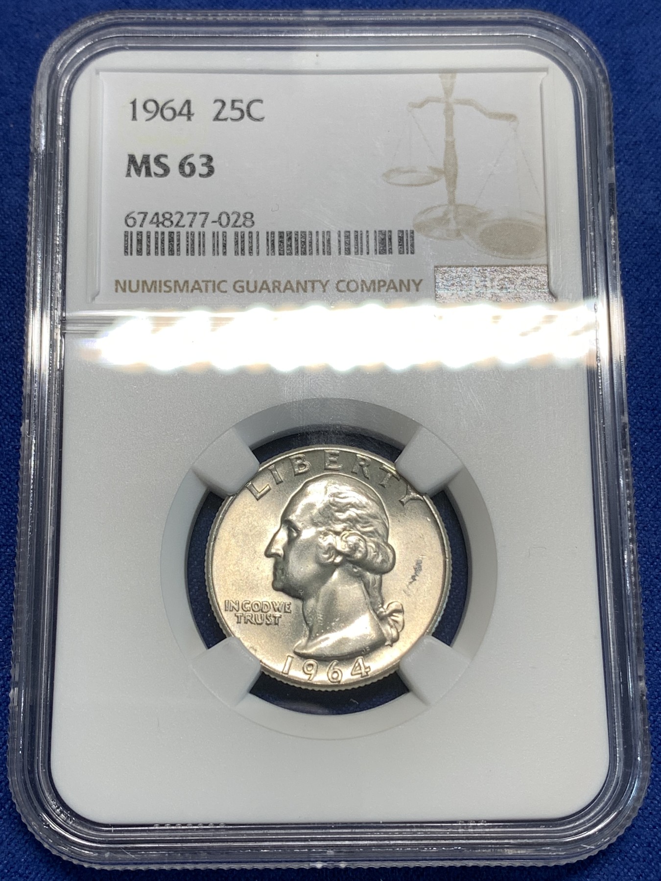 《竞宝斋》第219场-周日，周一 2场 (全场包邮) NGC-MS63 1964美国华盛顿25美分银币。状态十分精美