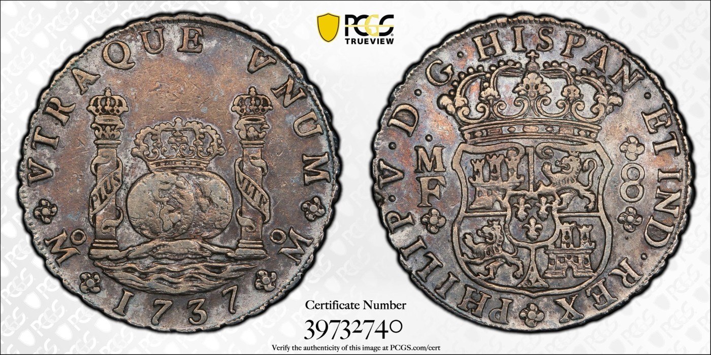博洋堂【北京钱博会拍卖周】精品专场暨第54期（全场包邮） PCGS AU 西属墨西哥1737年MO MF菲利普五世地球双柱大银，难得早期年份地球，名家旧藏，独特包浆