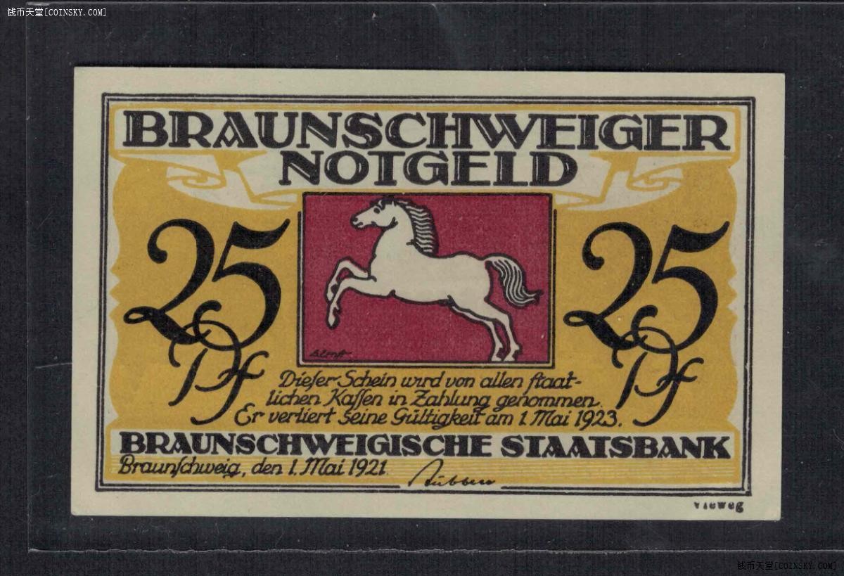德国1921年(1923年)25芬尼 紧急状态币 欧洲纸币 实物图 UNC
