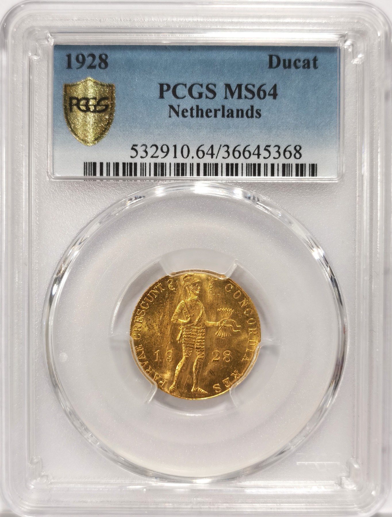博洋堂【北京钱博会拍卖周】精品专场暨第54期（全场包邮） PCGS MS64 1928年荷兰1杜卡特金币，亚军分数，冠军分仅3枚高半分。此枚仿古设计，制作精良，光度极佳，麦稀奇此前成交几枚同品种同分者成交价均在3400元以上，最近金价大涨，此枚亚军分数值得重点关注！